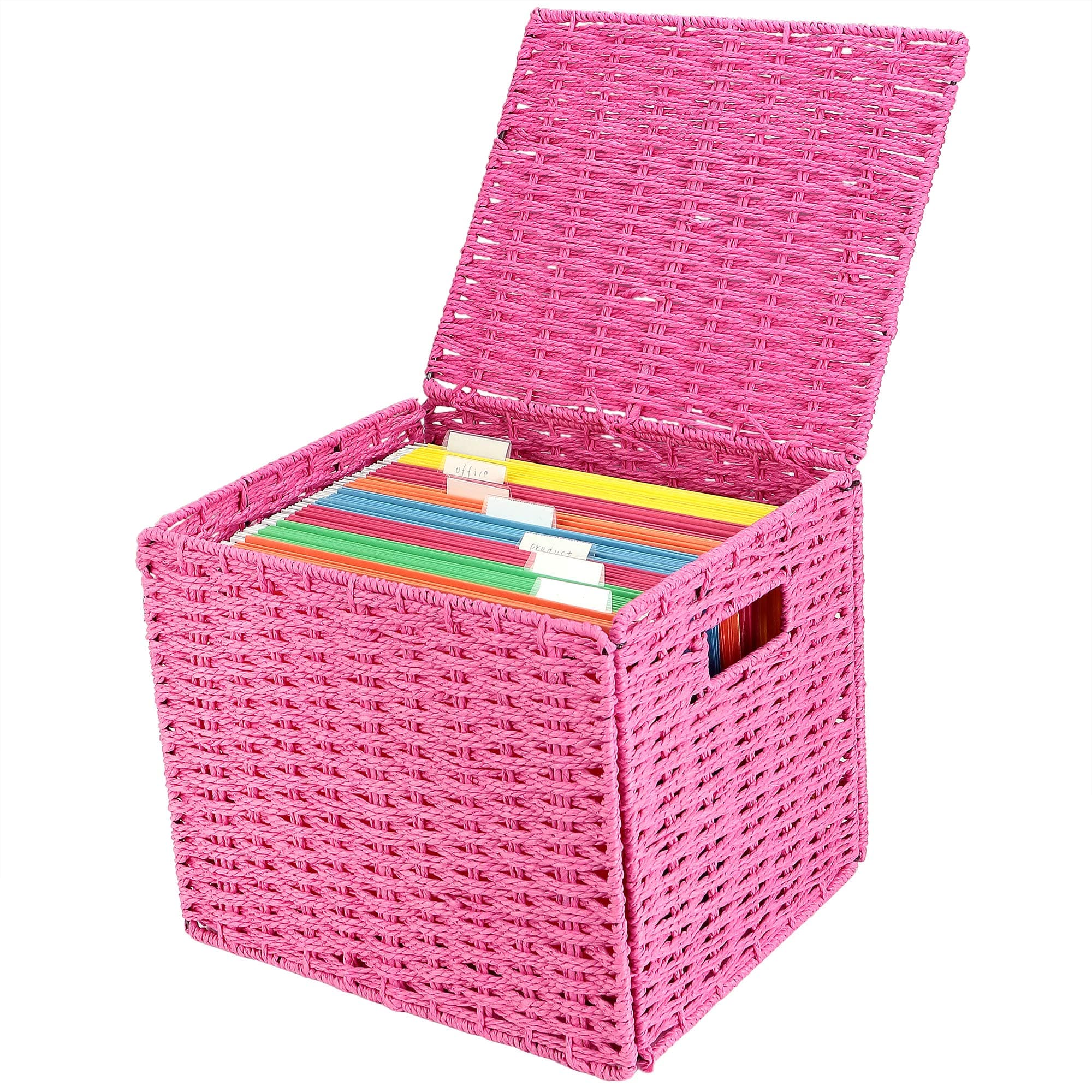 Collapsible Hanging File Folder Storage Organizer, Letter Size Hanging File Box Organizers with Lid,Decorative Seagrass Filing & Storage Office Box | Letter Size (Pink)