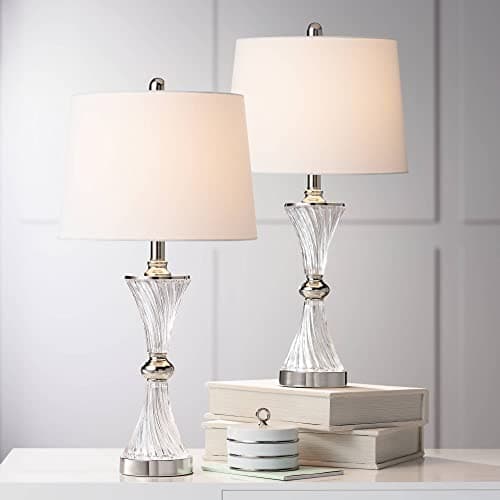Regency HillLuca Modern Table Lamps 25.5" High Set of 2 with USB Charging Port Glass Chrome Silver Metal White Fabric Drum Shade for Living Room Bedroom House Bedside Nightstand Home