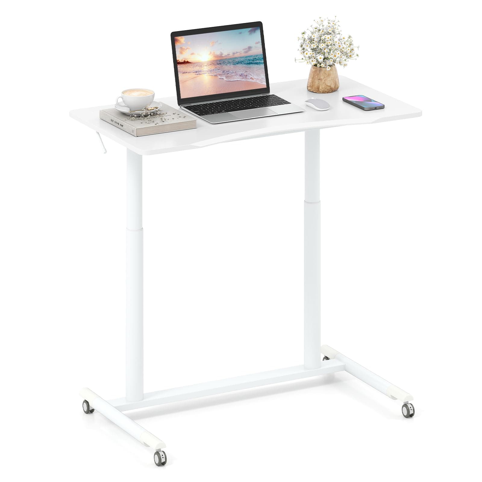 Tangkula Mobile Standing Desk, C-Shaped Sit Stand Desk with Adjustable Height, Lockable Wheels & Metal Frame, Rolling Laptop Desk, Portable Computer Workstation for Small Space