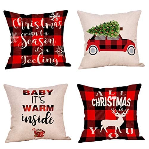 4 Pack Bayby It's Warm Inside Quotes Christmas Buffalo Check Plaids Throw Pillow Case Red Car with Xmas Tree Deer Cushion Cover 18 x 18 Inch Cotton Linen Farmhouse Holiday Decor (Xmas Gifts)