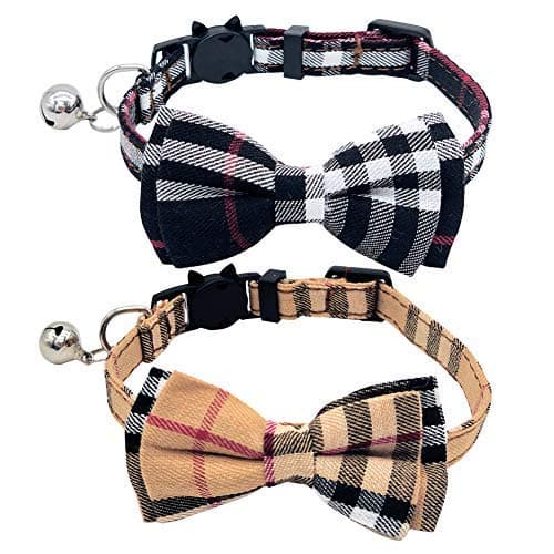 UIUIX 2 Pack Cat Collar Breakaway with Bowtie and Bell for Kitty, Cat Bowtie Collar Adjustable 7.8-10.5 Inch (Plaid Black & Brown)