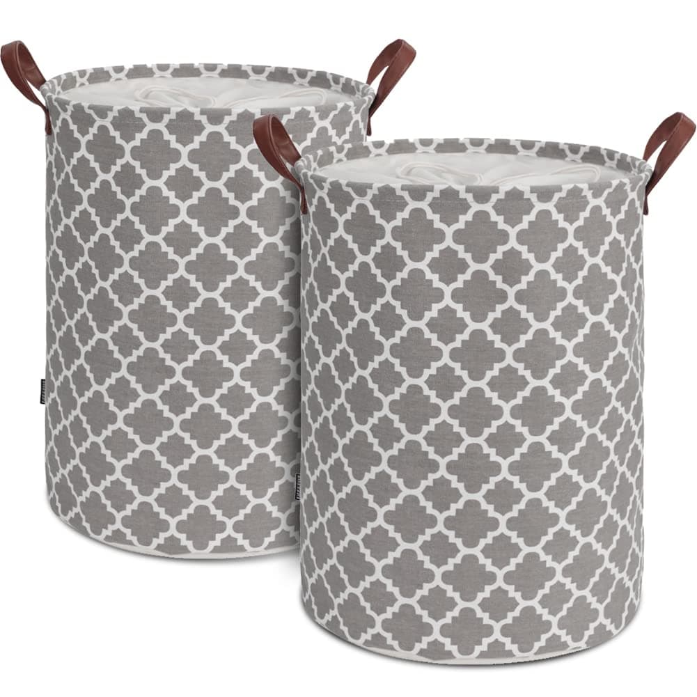 TOTANKI 2-Pack Large Laundry Basket with Leather Handle, Thickened Waterproof Drawstring Collapsible Laundry Hamper, Dirty Clothes Storage Basket for Bedroom, Bathroom, College Dorm (Grey, L)