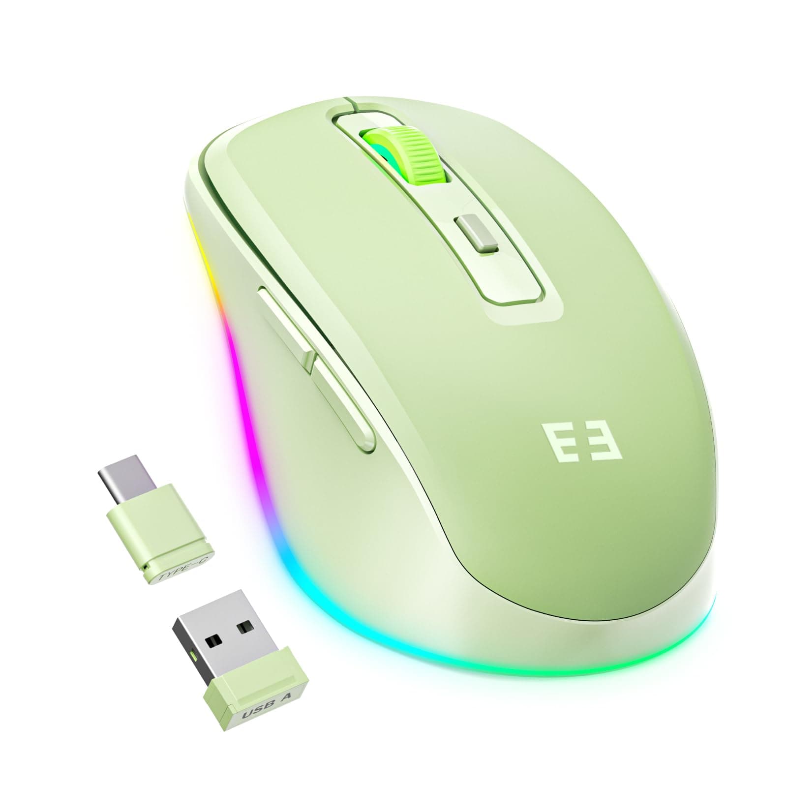 seenda Wireless Mouse with Jiggler - Light Up USB C Mouse, USB&Type C Receiver, Build-in Jiggler Mover Compatible with MacBook,iPad,Windows Tablet/Laptop/Computer, Green