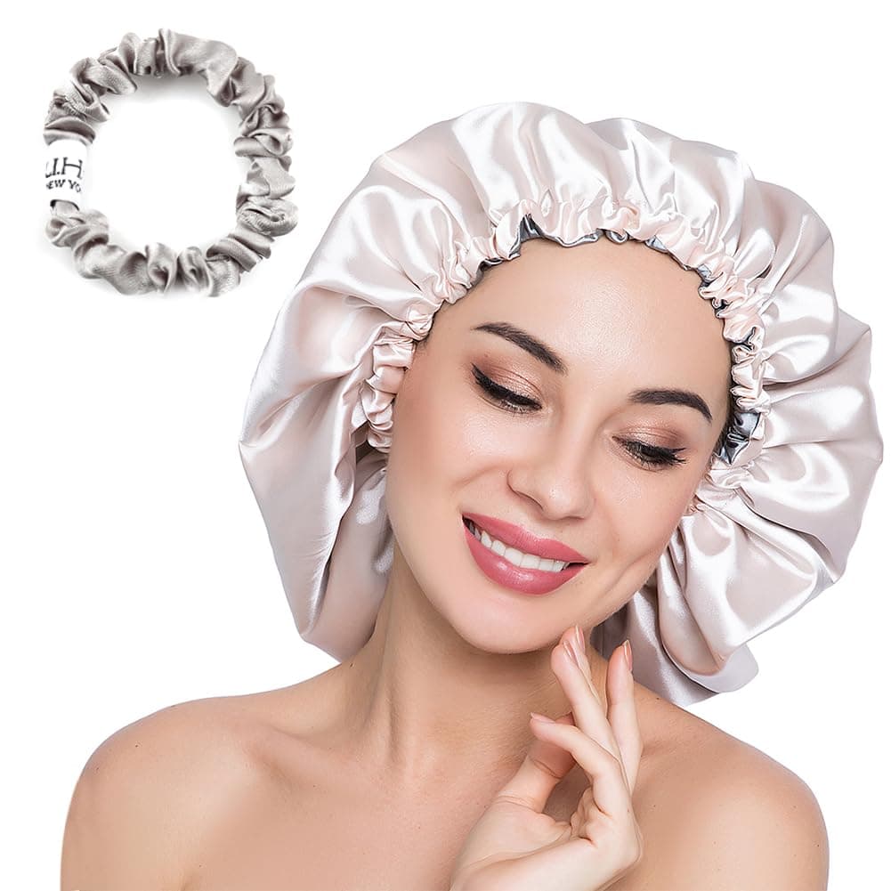 Stain Bonnet Silky Sleep Cap Adjustable Satin Cap for Night Sleeping Hair Bonnet Reversible Double Layer X-Large Size Champagne/Grey