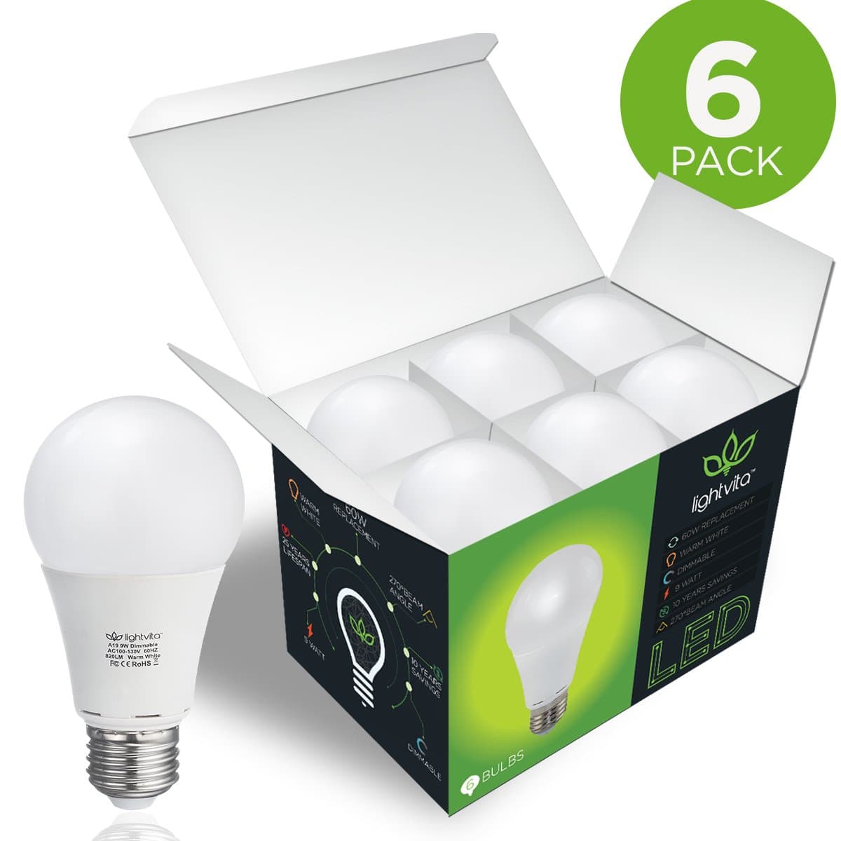 Lightvita(TM) A19 LED Dimmable Bulb, (6-Pack) 9-Watt (60-Watt Equivalent) 3000K (Warm White) 810 Lumens