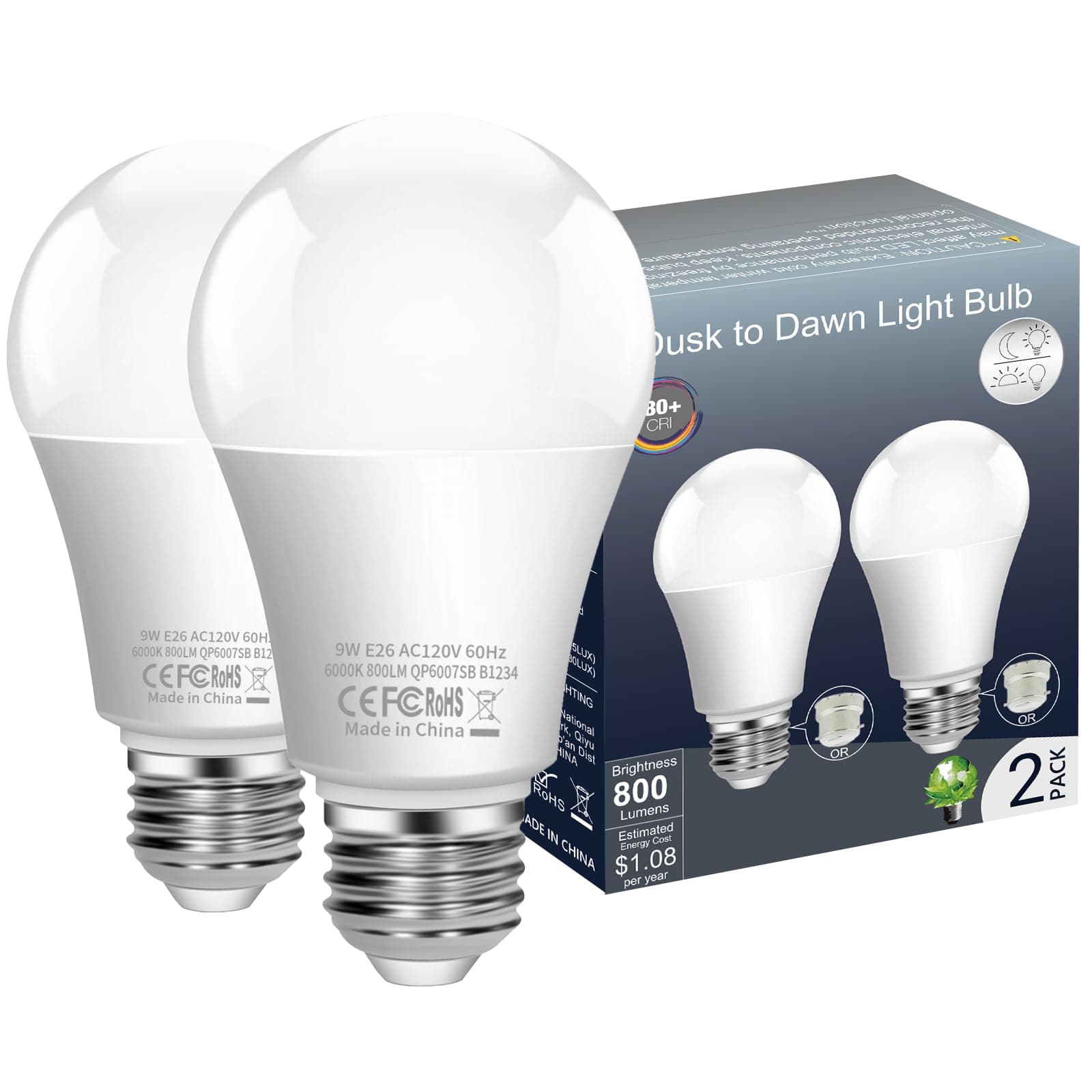 Boxlood Dusk to Dawn LED Light Bulbs, Built in Light Sensor, Plug and Play, 9W 6000K Cool White, 60W Halogen Equivalent, A19 E26 Base, AC120V, Auto On/Off Indoor Outdoor Lighting Bulb (2 Pack)