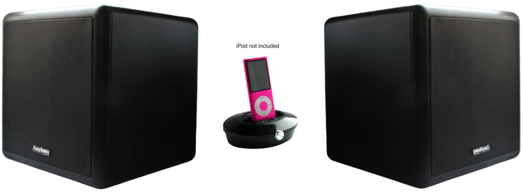 iFinity Wireless Indoor/Outdoor Speaker - Set with 2 speakers, 2 x 80 Watts, very heavy duty speakers, water resistant, up to 600 ft range, better-than Bluetooth Digital Wireless, with iPhone cradle