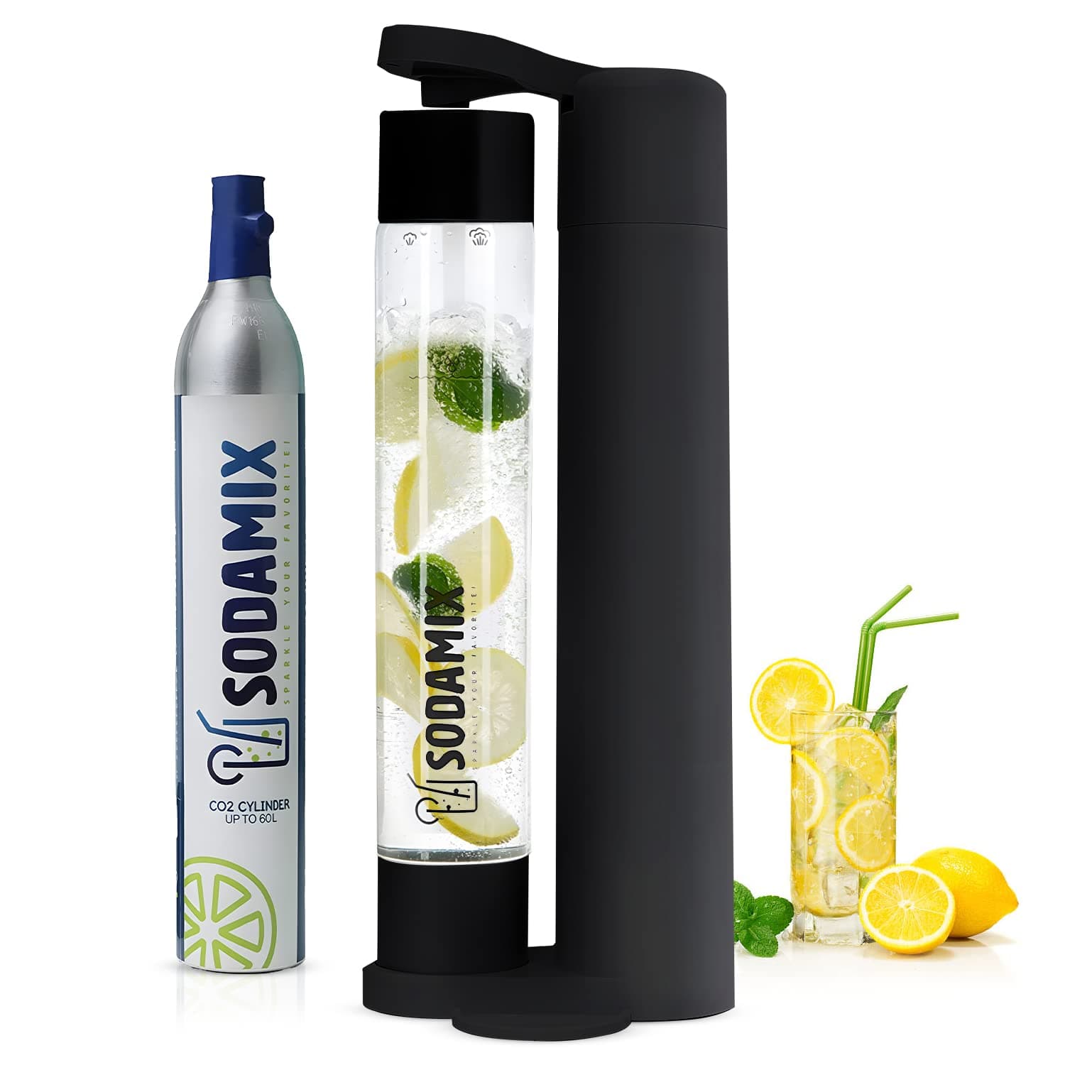Sparkling Water Maker Machine Soda Maker Machine, Carbonator For All Kinds of Beverages, Sparkling Water Machine Includes 60L CO2 Cylinder (Black Starter Pack)
