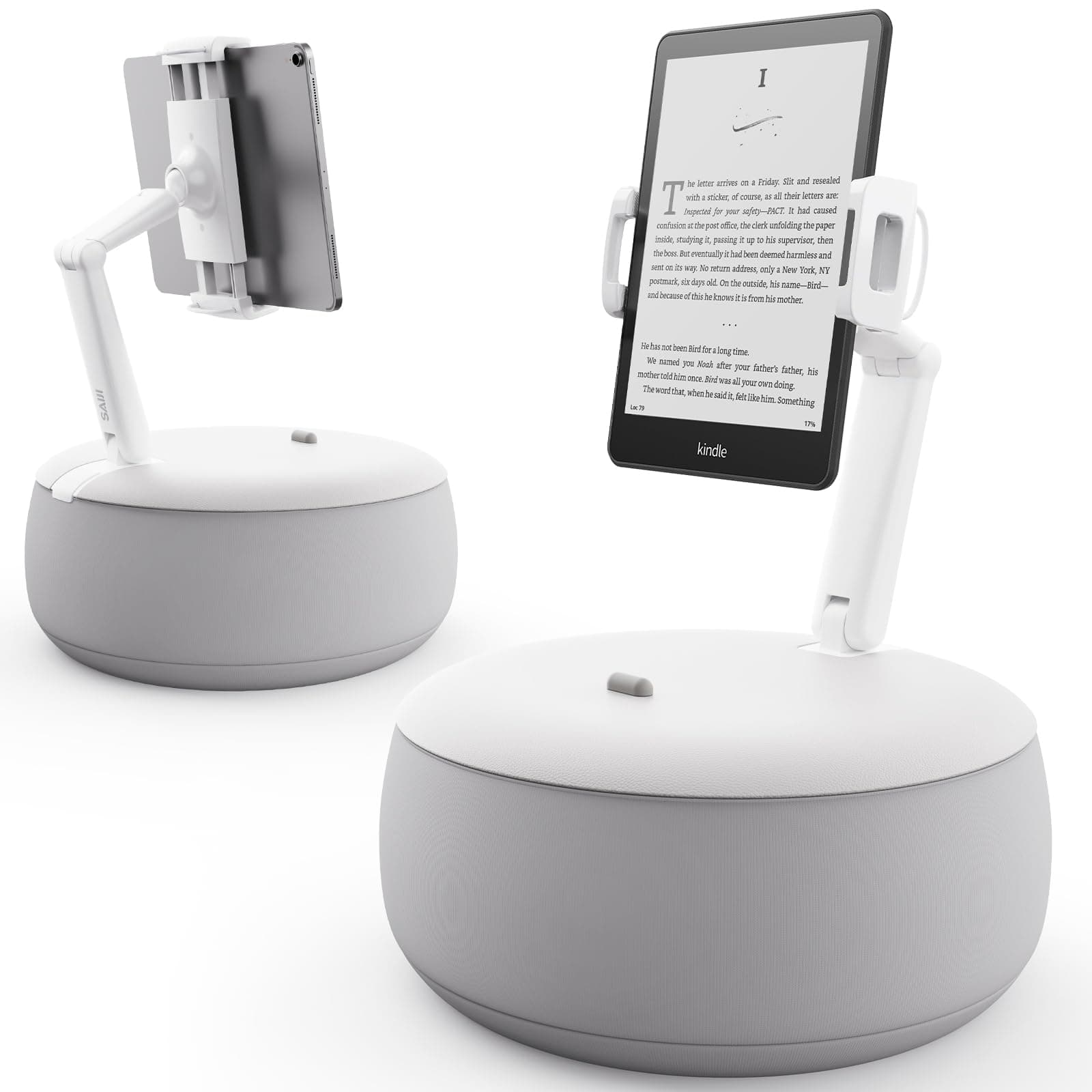 Kindle Holder Pillow, Tablet Holder Compatible with 4.7-15.6” Kindle, Phone, Ipad, 360° Adjustable Tablet Stand for Bed with Flexible Dual Axis Arm & Microbead Cushion (Gray)