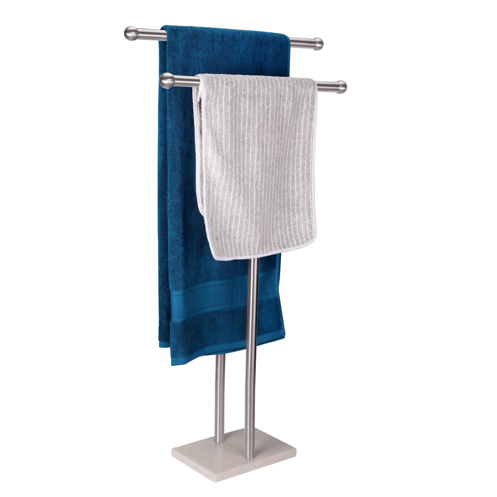 Standing Towel Rack Double-T Shape Tall Bath Towel Sheet Holder with Marble Design Base for Bathroom 2 Tier Towel Holder Stand Stainless Steel (Brushed Nickel)