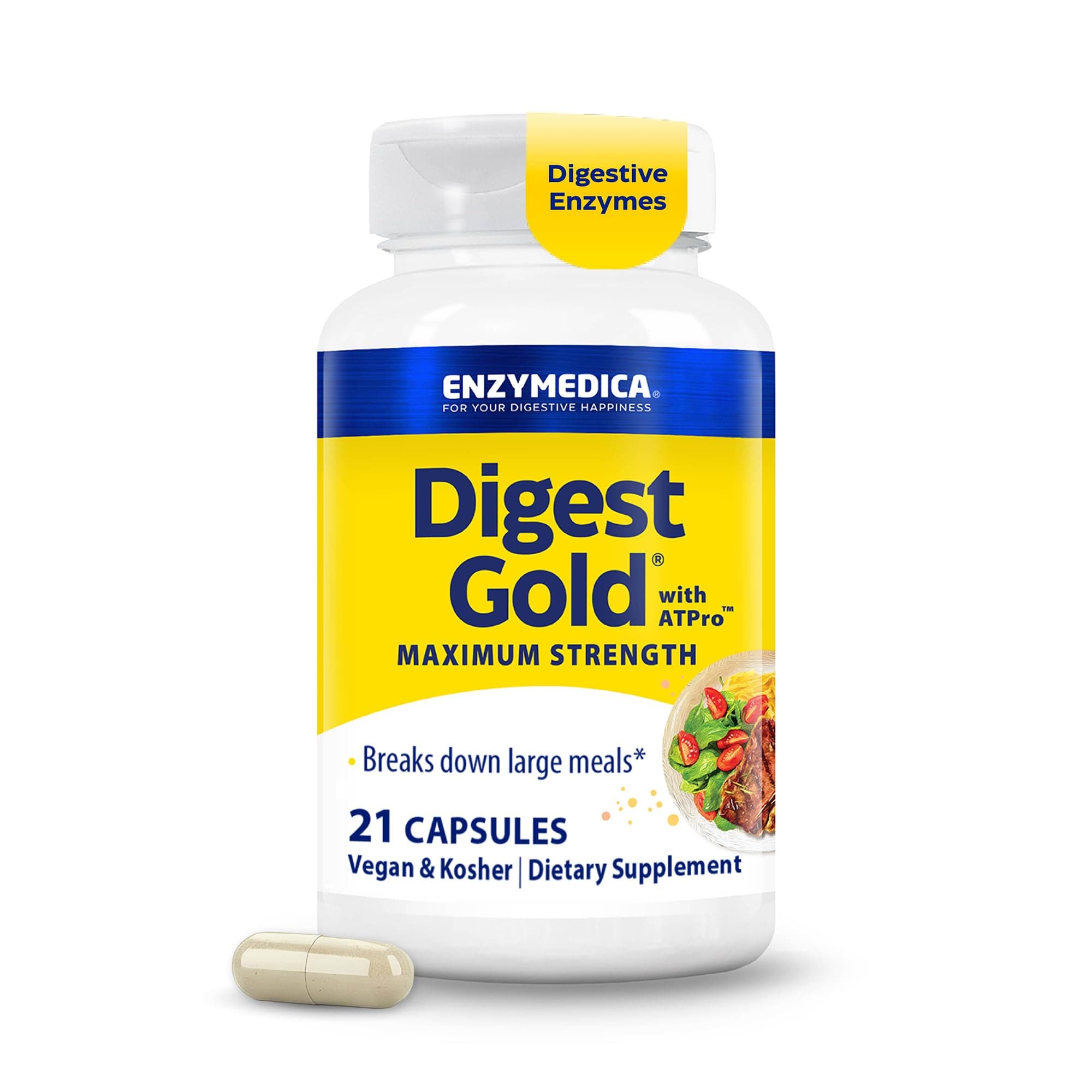 Enzymedica Digest Gold + ATPro, Maximum Strength Digestive Enzymes, Helps Digest Large Meals for Instant Bloating Relief, 21 Count
