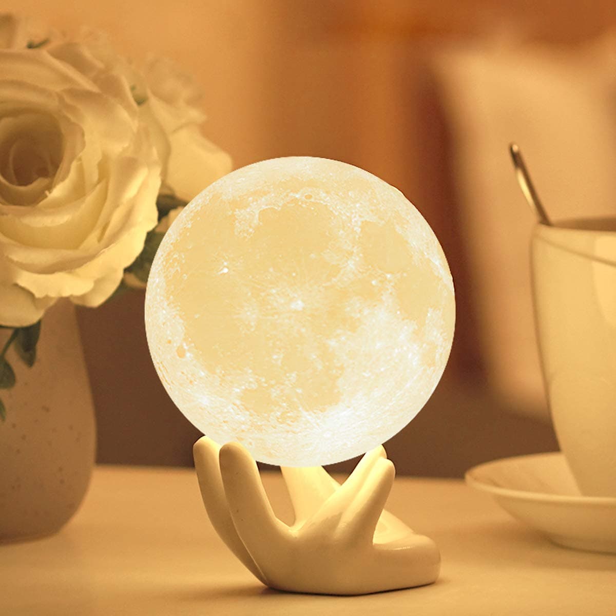Pretty Cool Moon Lamp - Night Light 3.5IN With Ceramic Hand Stand 3D Printed with Safe PLA,Eye Caring LED,Dimmable and Rechargeable,Two Colors Touch Control,Cool Gift,Halloween Decoration