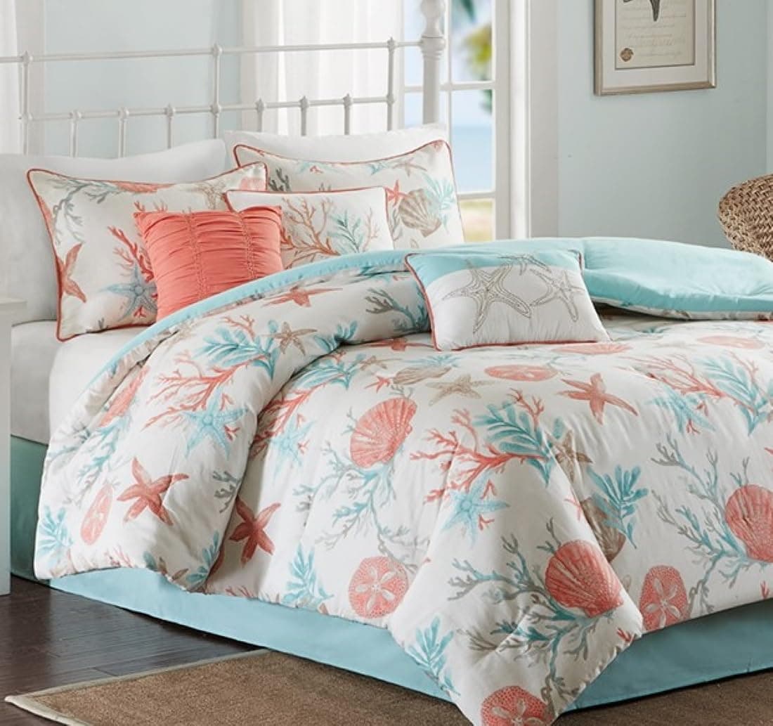 Coral & Teal Seashells, Starfish, Beach Queen Comforter Set (7 Piece Bed in A Bag)