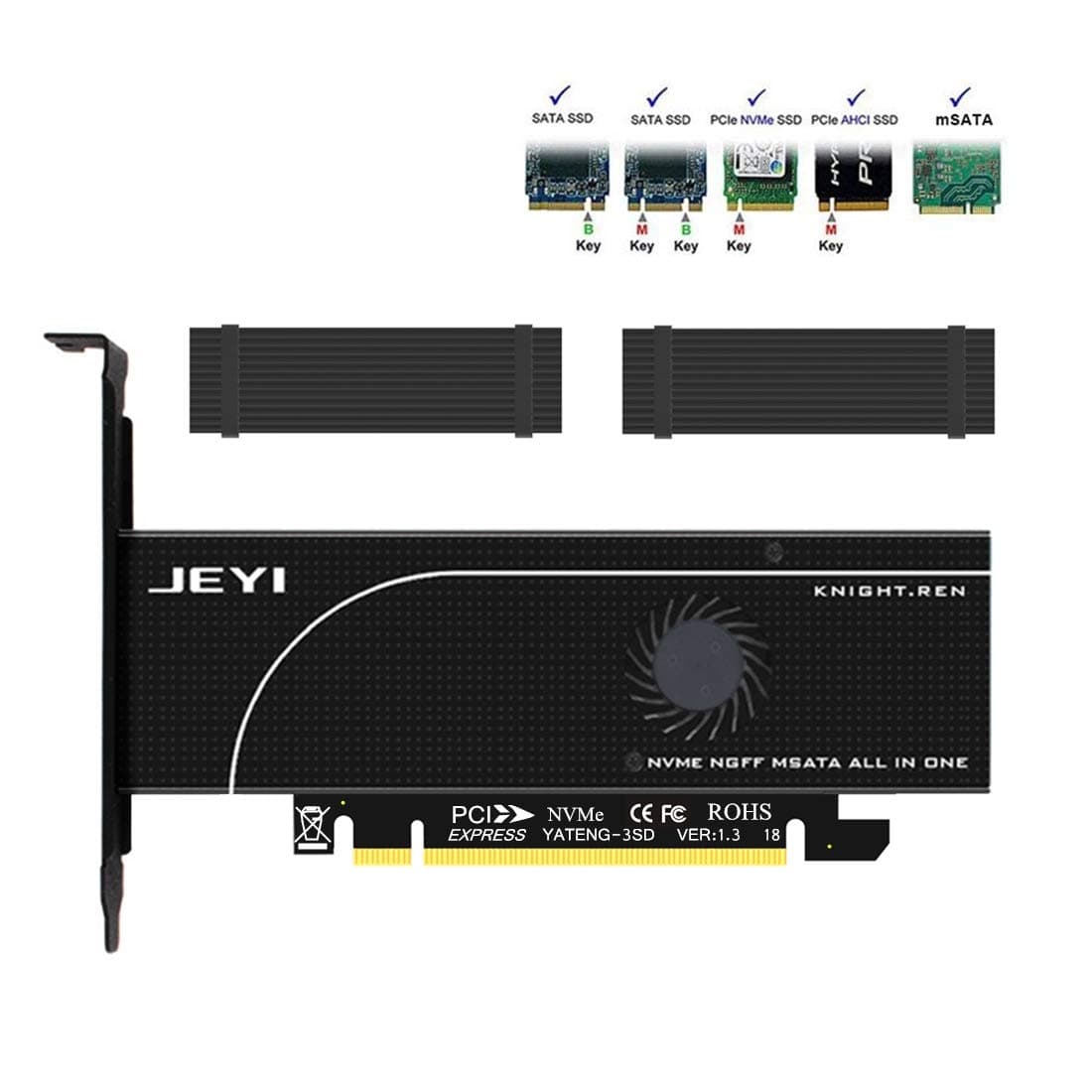 Dual M.2 and mSATA SSD Adapter Cards for M.2 NVME and AHCI to PCIE, M.2 SATA-Based SSD to SATA, mSATA to SATA,3 in 1 SSD Expansion Card with Heat Sink and Fan Cooling System