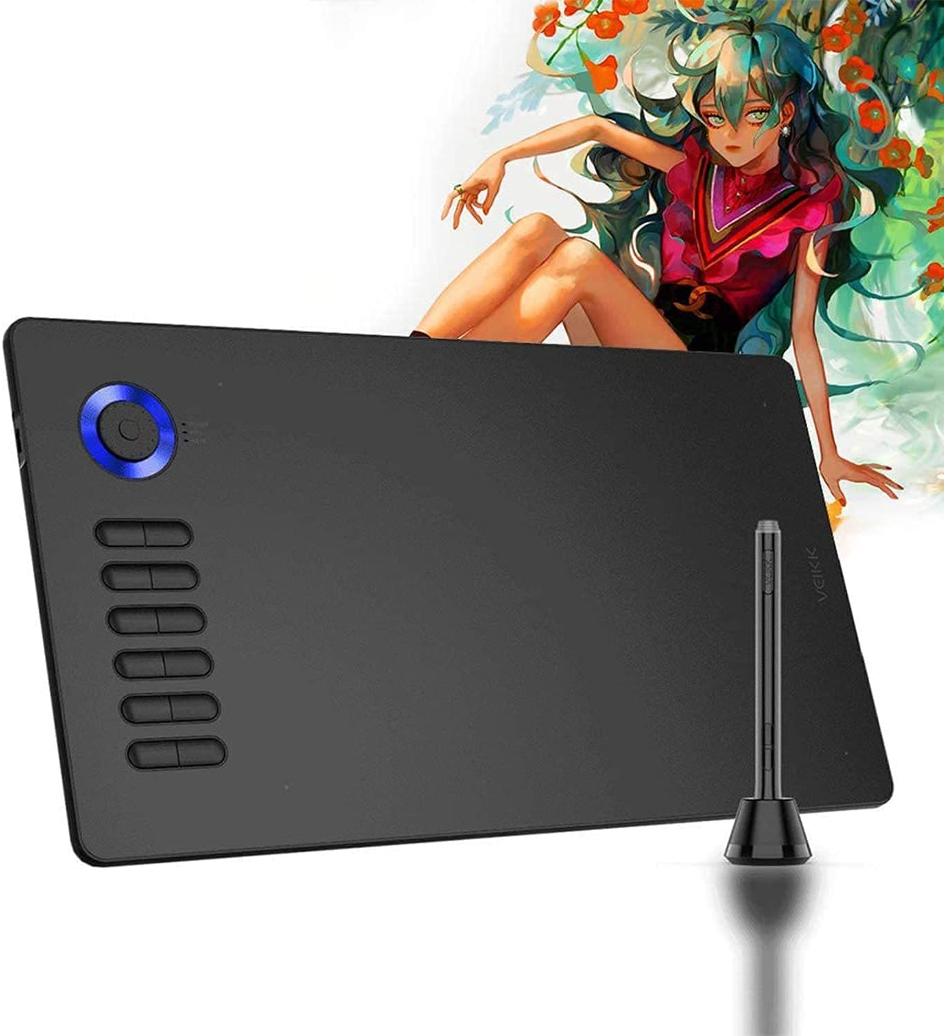 A15Pro Graphics Tablet 10 x 6 Inch Digital Drawing Pad for PC with 12 Shortcut Keys and 1 Scroll Wheel, Battery-free Pen, Supports Tilt Function, for MAC, Windows, Linux and Android OS - Blue