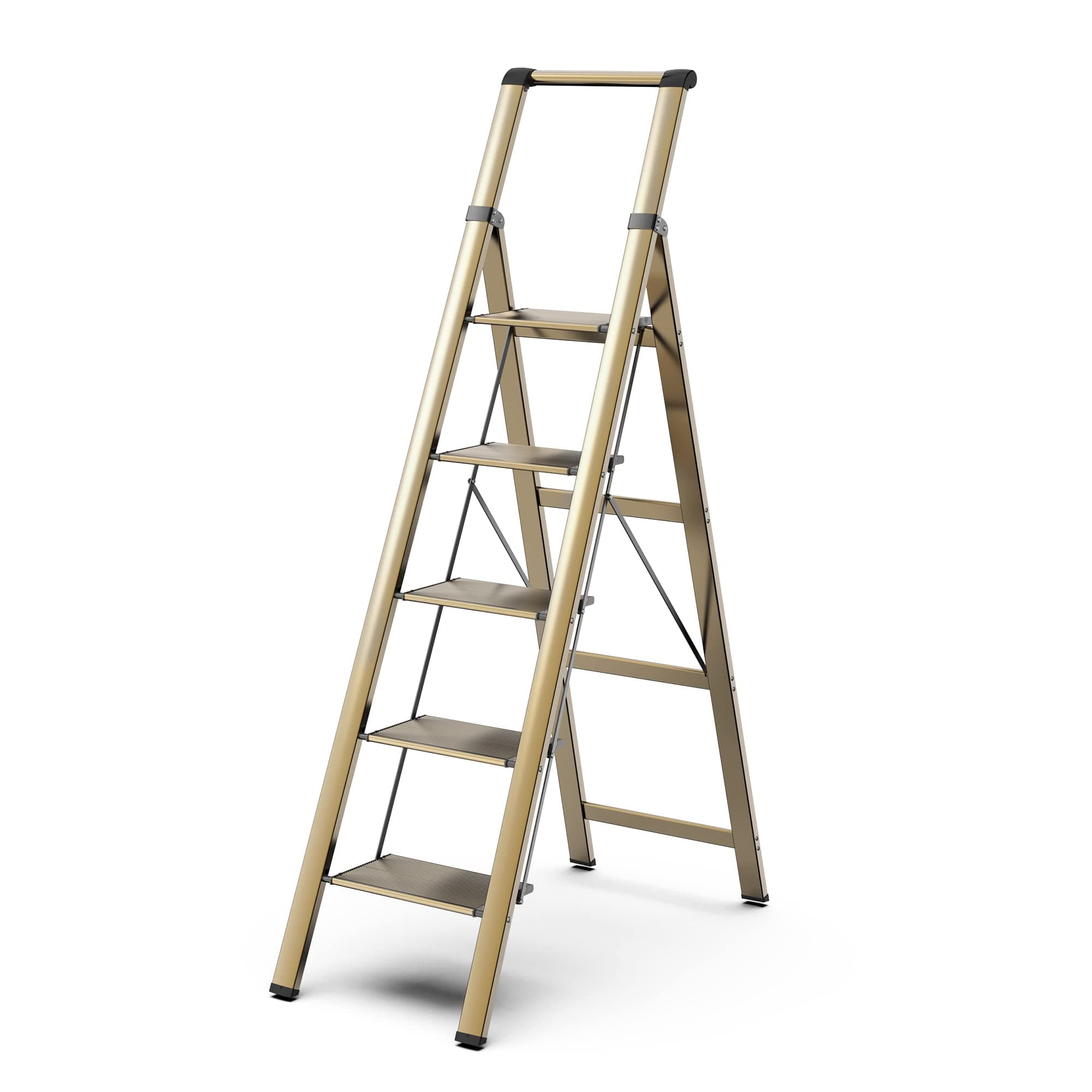 GameGem 5 Step Ladder for 10 Feet High Ceiling, Lightweight Aluminum Folding Step Stool with Convenient Handgrip, Stepladders with Anti-Slip and Wide Pedal for Home Use Space Saving - Gold