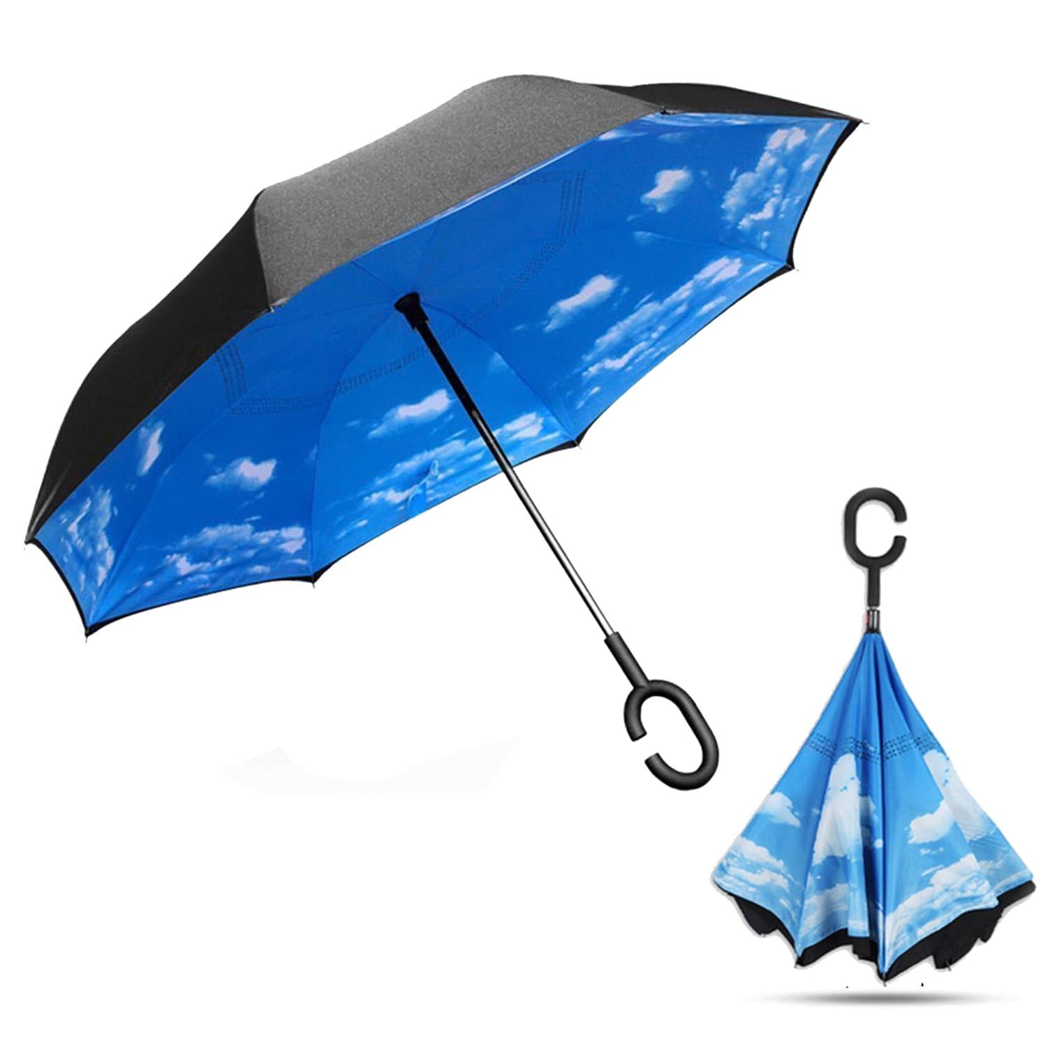 Lepapillon Creative Travel Car Reverse Umbrella Waterproof Folding C-Hook Handle Double Layer Inverted Umbrella (Sky Blue)