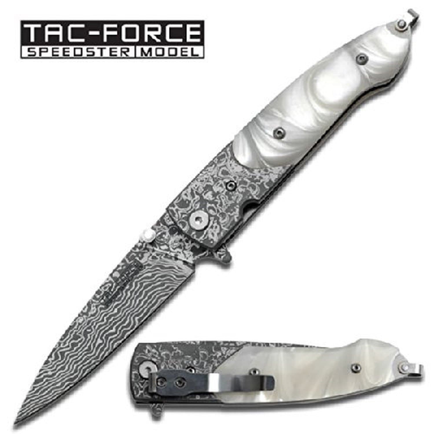 Tac-Force TF-672DWP Damascus Etched White Pearl A/O Knife