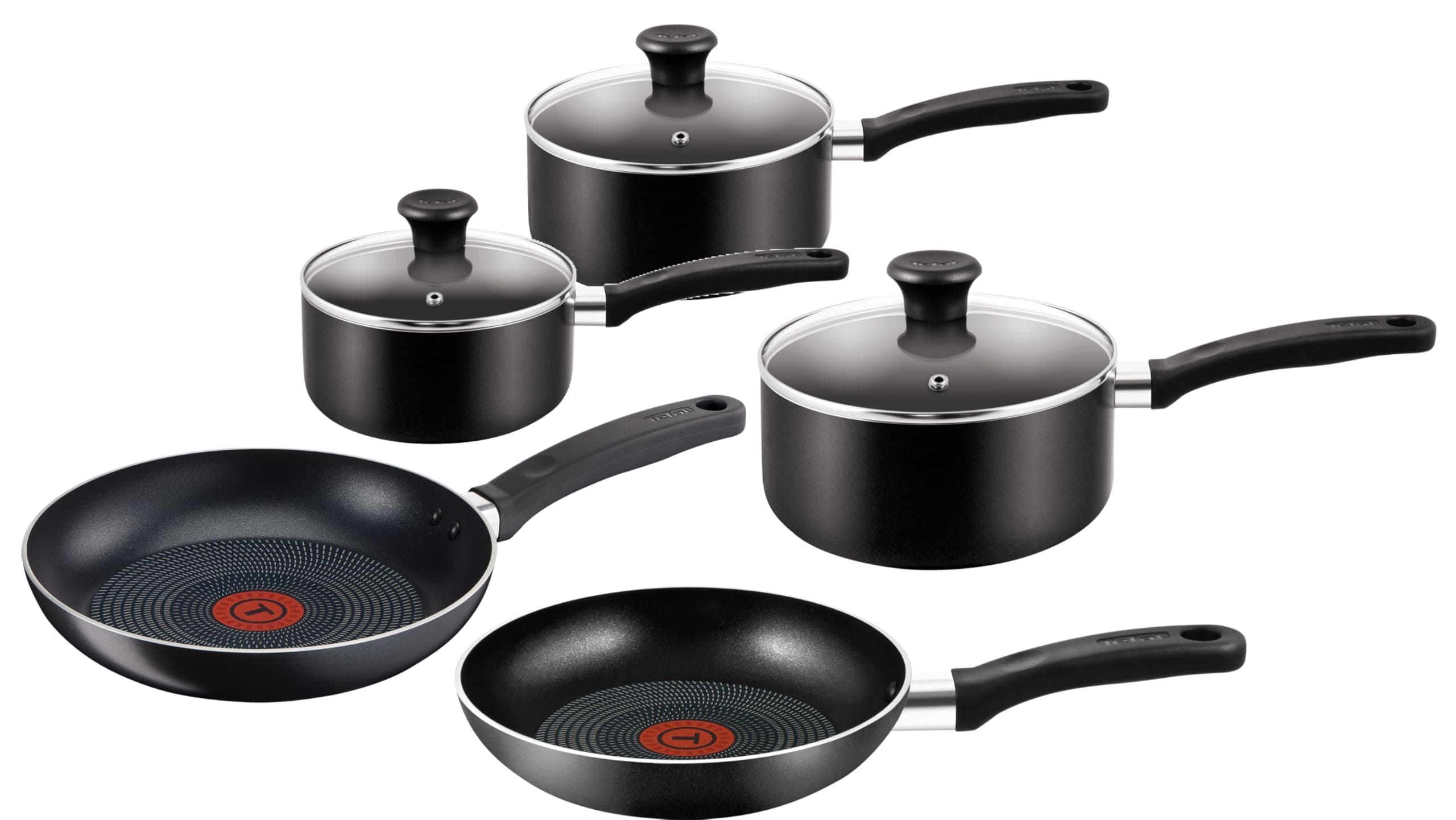 Essential 5-Piece Non-Stick Cookware Set: 3 Saucepans (16/18/20CM) with Lids, 2 Frying Pans (20/24CM), Compatible with All Hobs Except Induction Black - B472S545