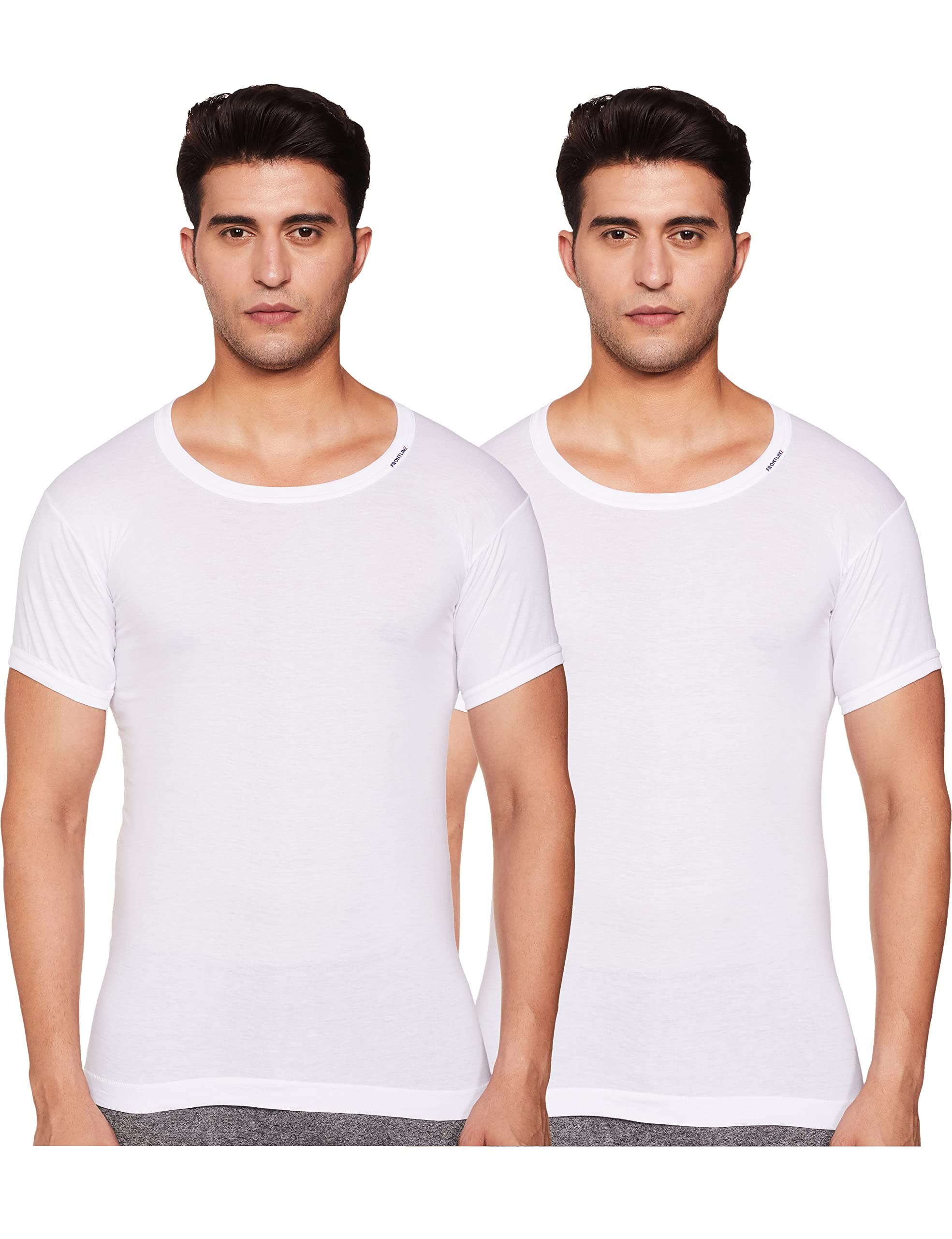 Frontline Men White Regular Fit Round Neck Half Sleeve Cotton Vest Innerwear (Pack of 2)