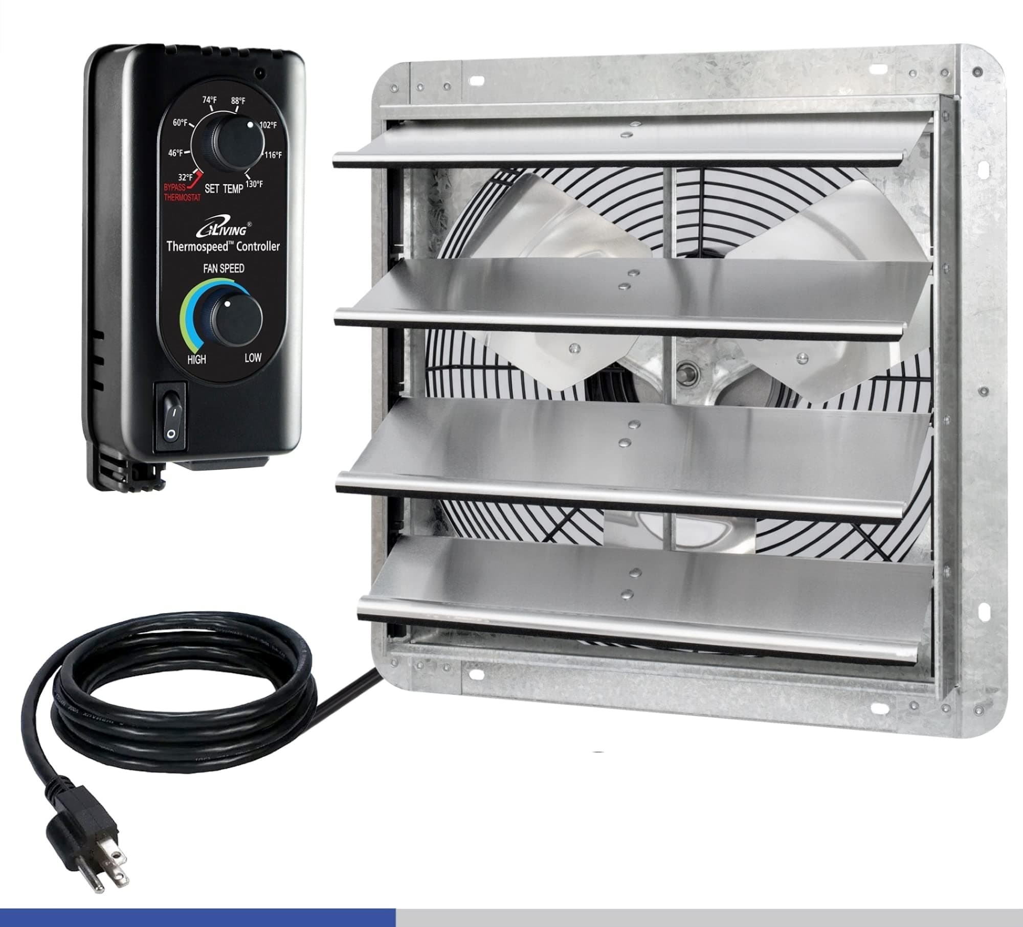 16" Wall Mounted Shutter Exhaust Fan, Automatic Shutter, with Thermostat and Variable Speed controller, 0.85A, 1200 CFM, 1800 SQF Coverage Area Silver (ILG8SF16V-ST)