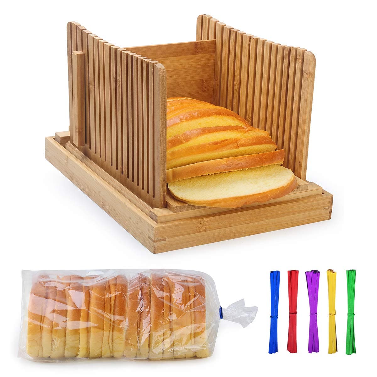 AKUNSZ Bamboo Bread Slicer Guide with Crumb Catcher + 100 Bread Bags & 100Twist Ties, Adjustable Bread Loaf Slicer Foldable Bread Cutter Slicer - Thickness Adjustable 1/4",3/8",1/2"