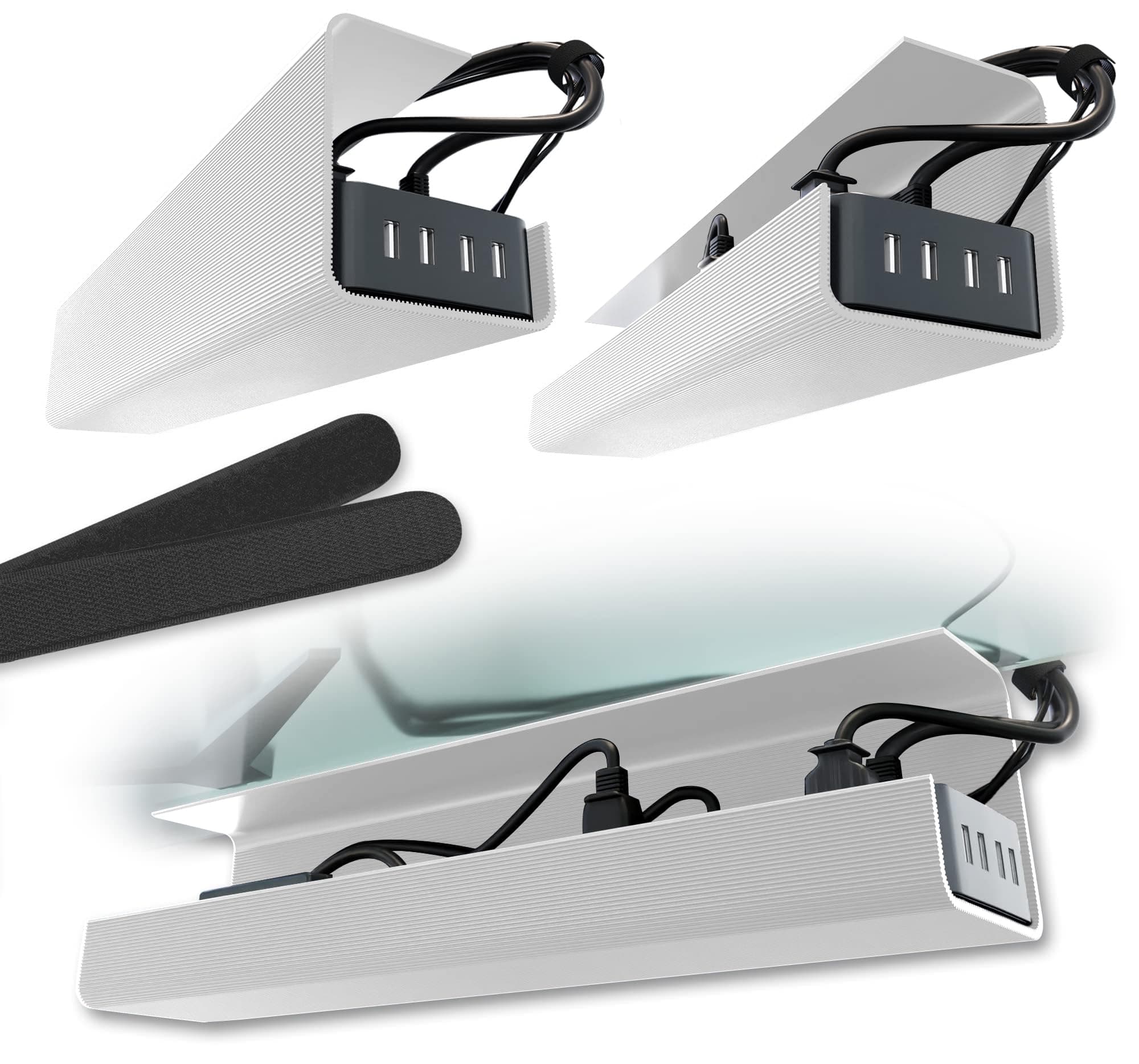 No-Screw Under Desk Cable Management Tray - Self-Adhesive Installation, Cord Management, Cable Tray, Under Desk Wire Organizer - White Set of 2