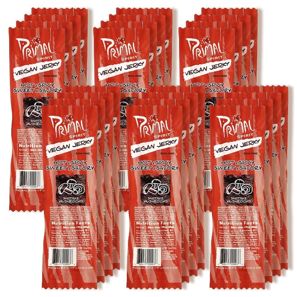 Primal Spirit Vegan Jerky “SHIITAKE MUSHROOM” – “Classic Flavor” – Hot & Spicy-Sweet & Savory, 10 g. Plant Based Protein, Certified Non-GMO, No Preservatives, Sports Friendly Packaging (24 Pack, 1 oz)