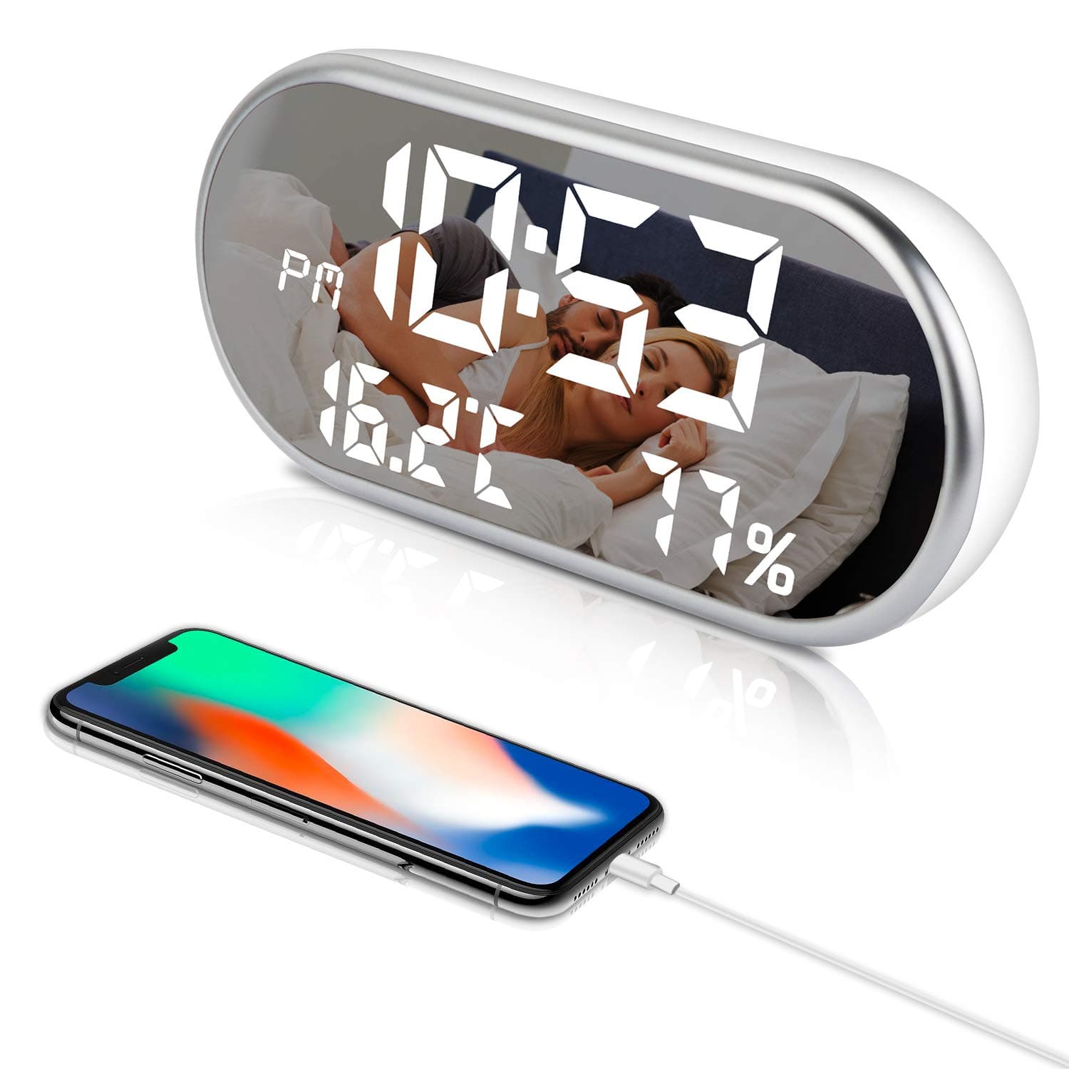 Digital Alarm Clock, Portable Mirror HD LED Time/Humidity/Temperature/Display Function, 3 Brightness Adjustment, Dual USB Port Charging, Suitable for Bedroom, Office, Travel, One Size