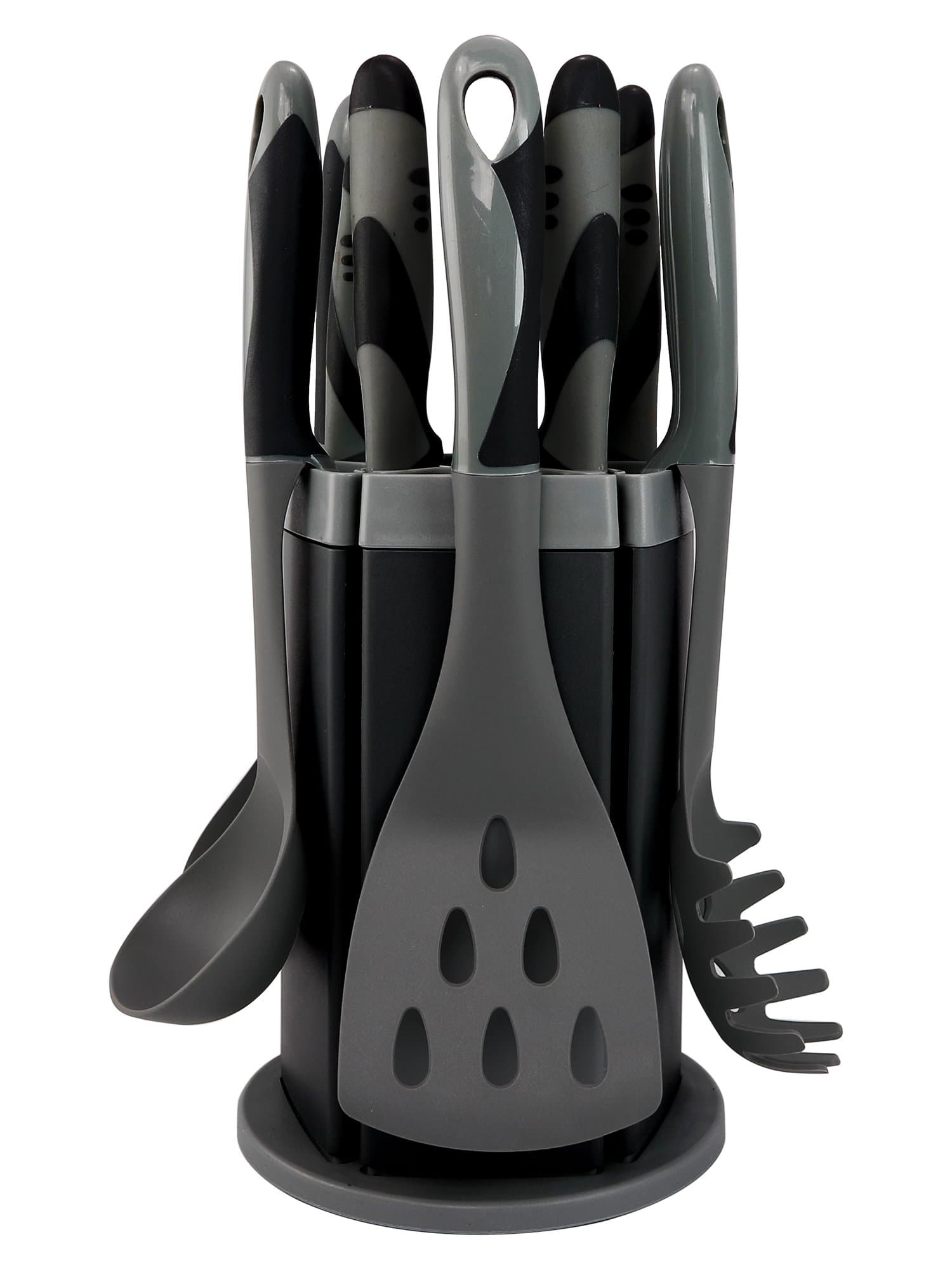 Kitchen Knife and Utensil Set with Rotating Stand (Grey/Black) ☆ 11 Pc Kitchen Set with 5 Knives and 5 Utensils in an Attractive Rotating Holder ☆ By Jaguar Kitchen Products (Grey/Black)