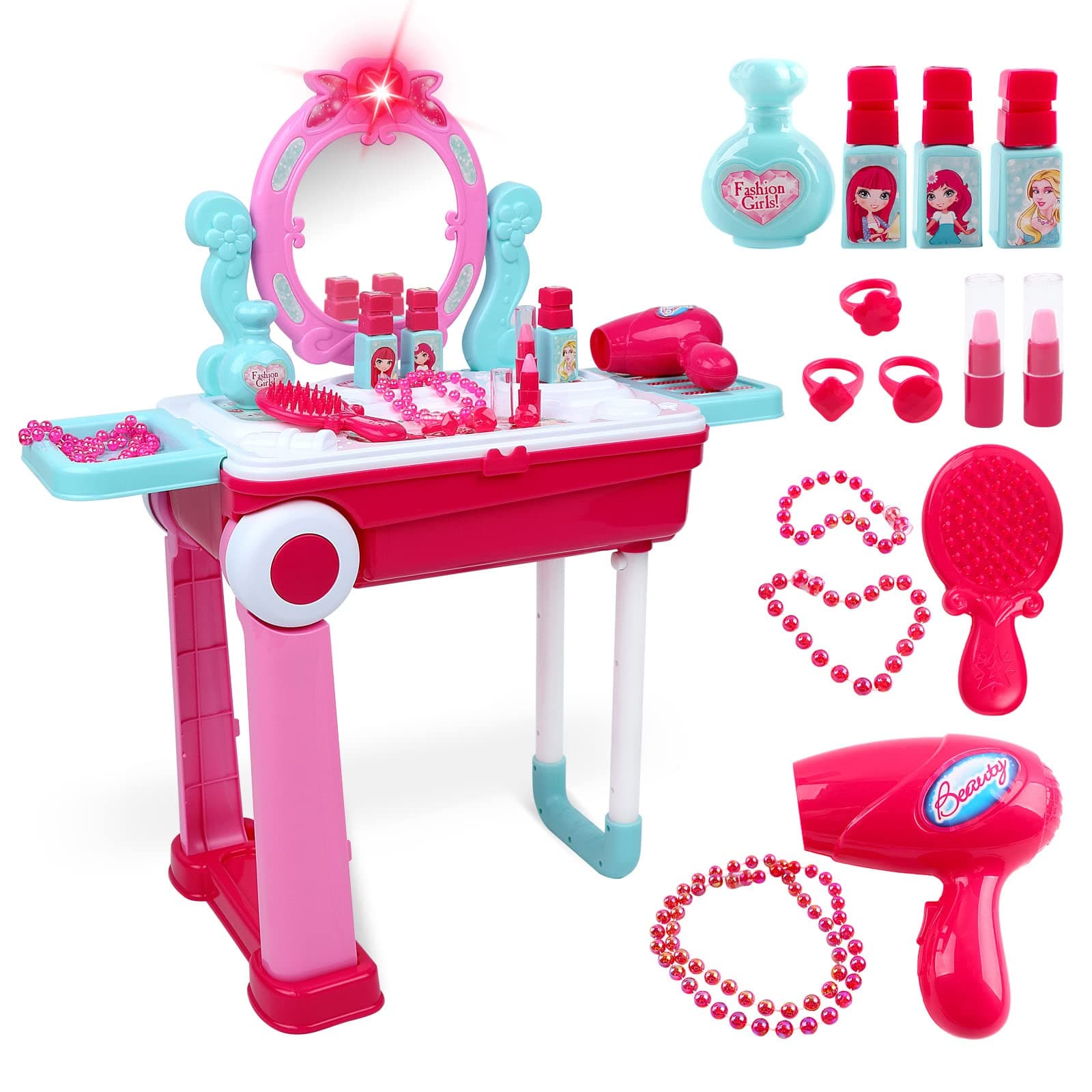 deAO 2-in-1 Portable Vanity Dressing Table and Convertible Suitcase Role Play Set with Accessories Included, Pink, One Size