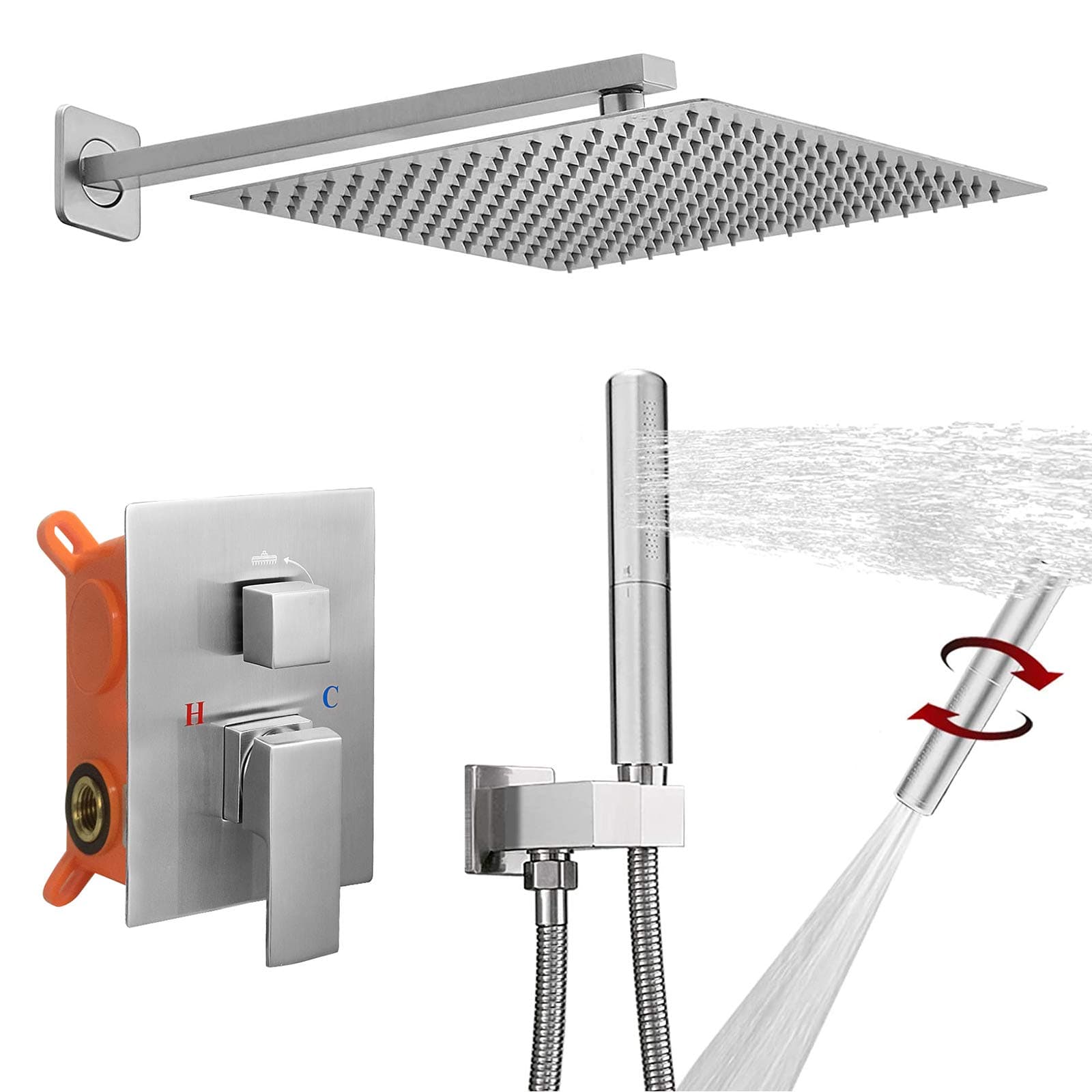 BESy Shower System with 12 Inch Rain Shower Head and Handheld Wall Mounted, High Pressure Rainfall Shower Faucet Fixture Combo Set with 2 in 1 Handheld Showerhead for Bathroom, Brushed Nickel