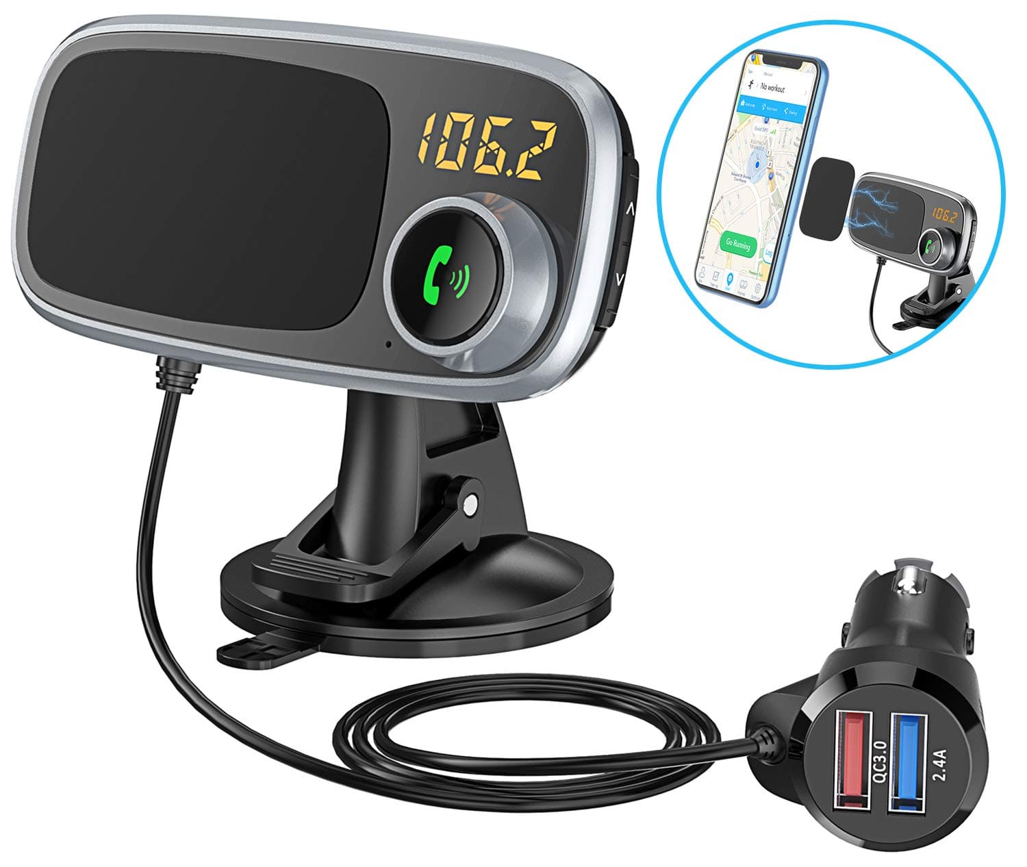 Comsoon FM Transmitter Bluetooth & Magnetic Phone Car Mount, 2 in 1 Car Kit with Quick Charge 3.0 + 5V/2.4A Dual USB Car Charger