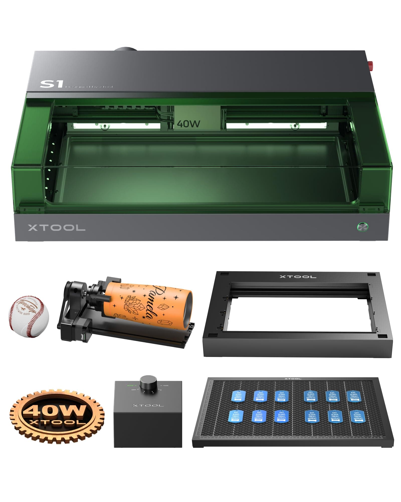 xTool S1 40W Engraver Machine with Riser Base & Honeycomb Working Sheet & Air Assit & RA2 Pro, Enclosed Cutter and Engraving Machine for Wood, Metal, Leather, Acrylic and Glass, Class I Safety