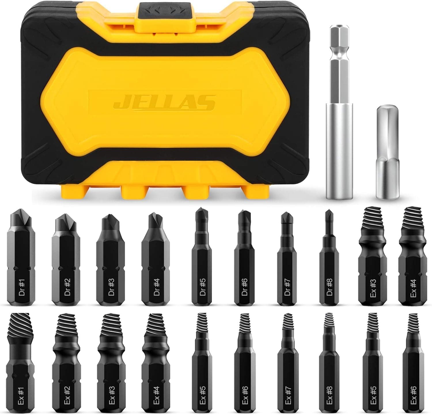Jellas 22Pcs Damaged Screw Extractor Set, Easy Out Stripped Screw Remover for Broken Screw 2-12mm, Titanium Antirust Coating, 64-65 HRC Hardness, Burnish & Extract Bits Separatly