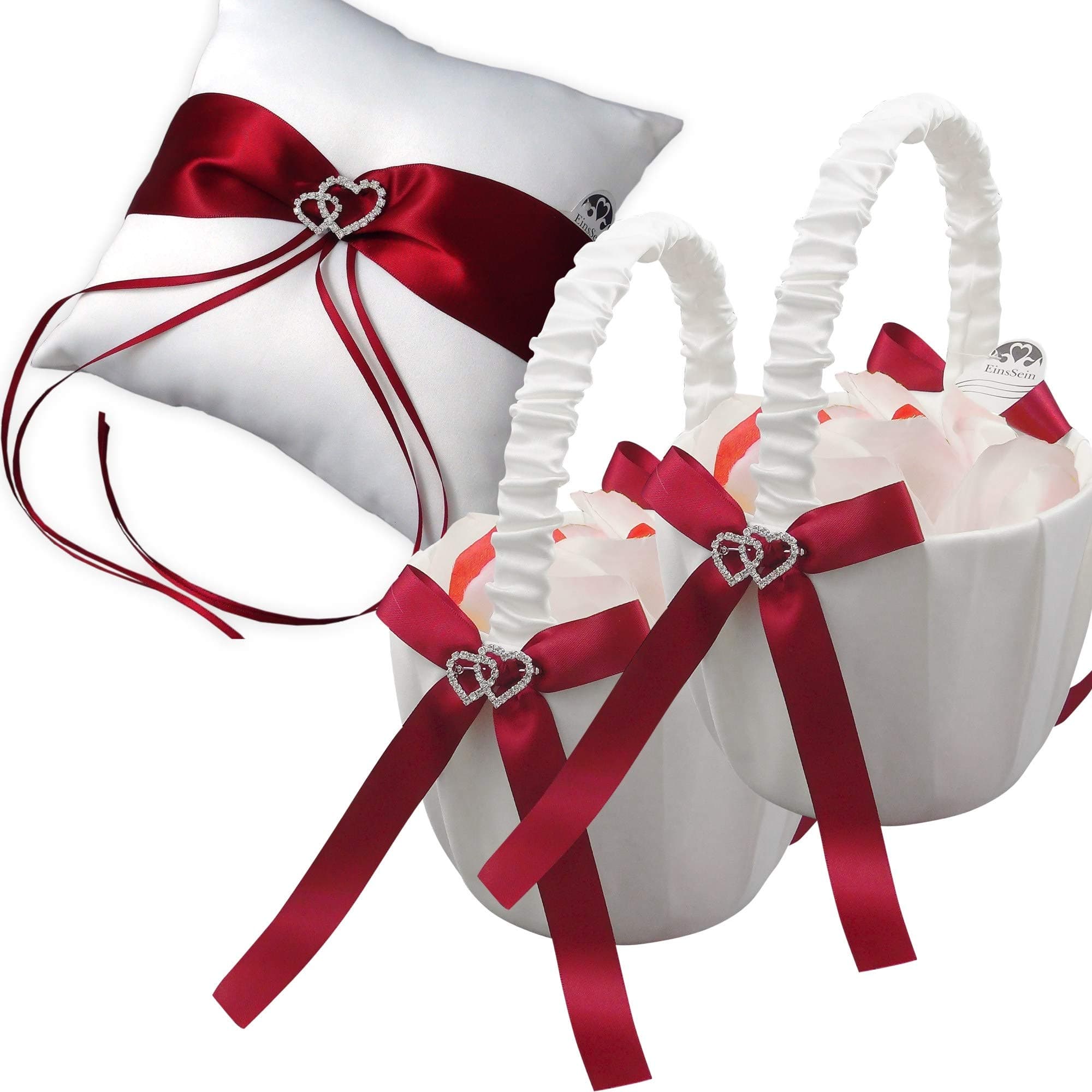 EinsSein 1x Ring pillow Parentesi 20x20 large + 2x flower baskets red-white set wedding cushion cushions bearer rings bearers pillows for page boy box weddings boxes ceremony party 2 set teal small