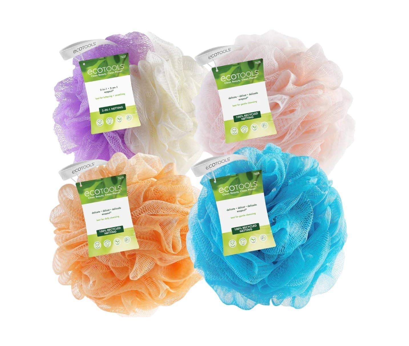 EcoTools EcoPouf Bath Sponge, Assorted Delicate and Exfoliating Loofah for Shower and Bath, Assorted Colors, 4 Count