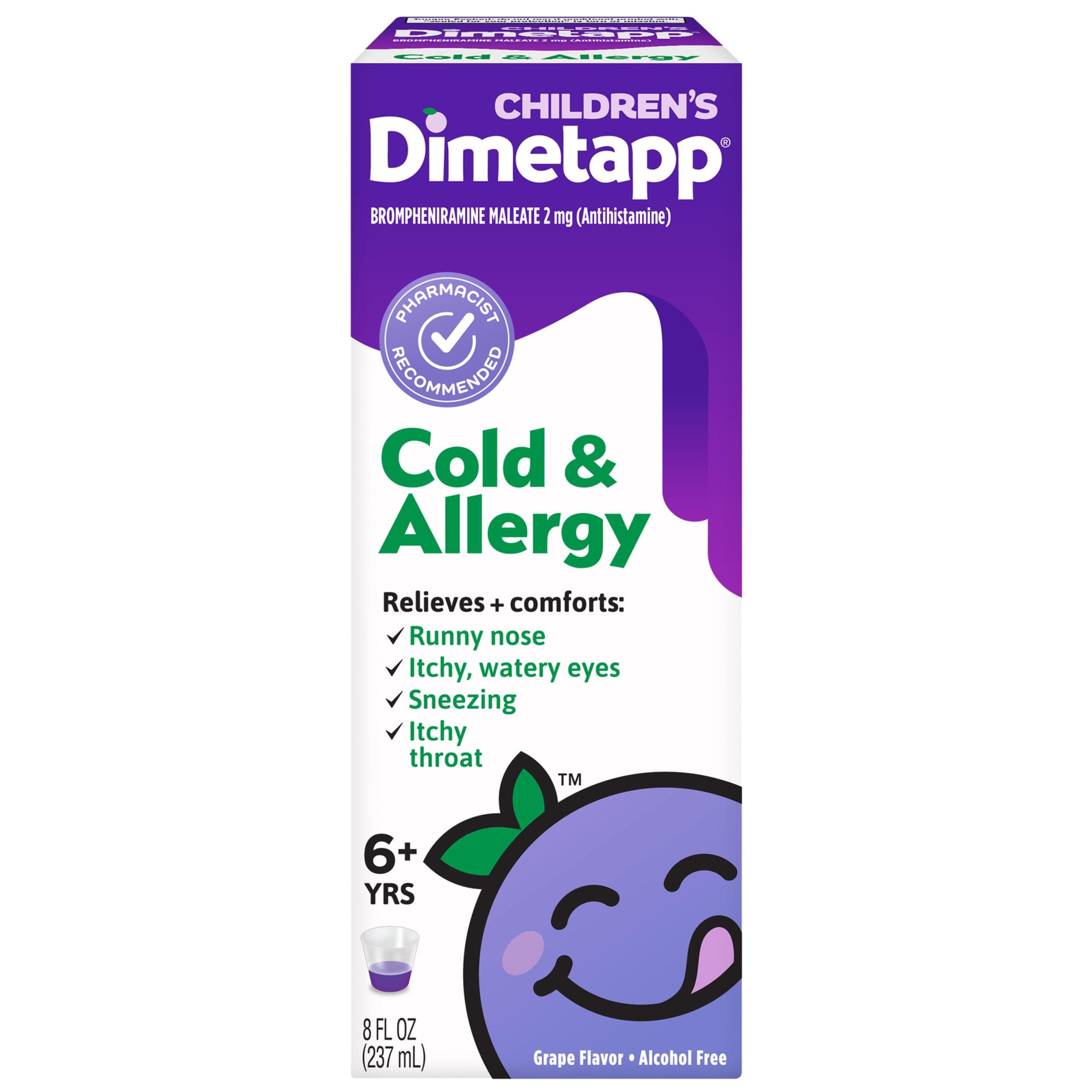 Children’s Dimetapp Cold & Allergy Liquid, Antihistamine Multi-Symptom Relief for Runny Nose, Sneezing, Itchy Throat & Watery Eyes, Grape Flavor, Phenylephrine-Free Cold Medicine, 8 fl oz