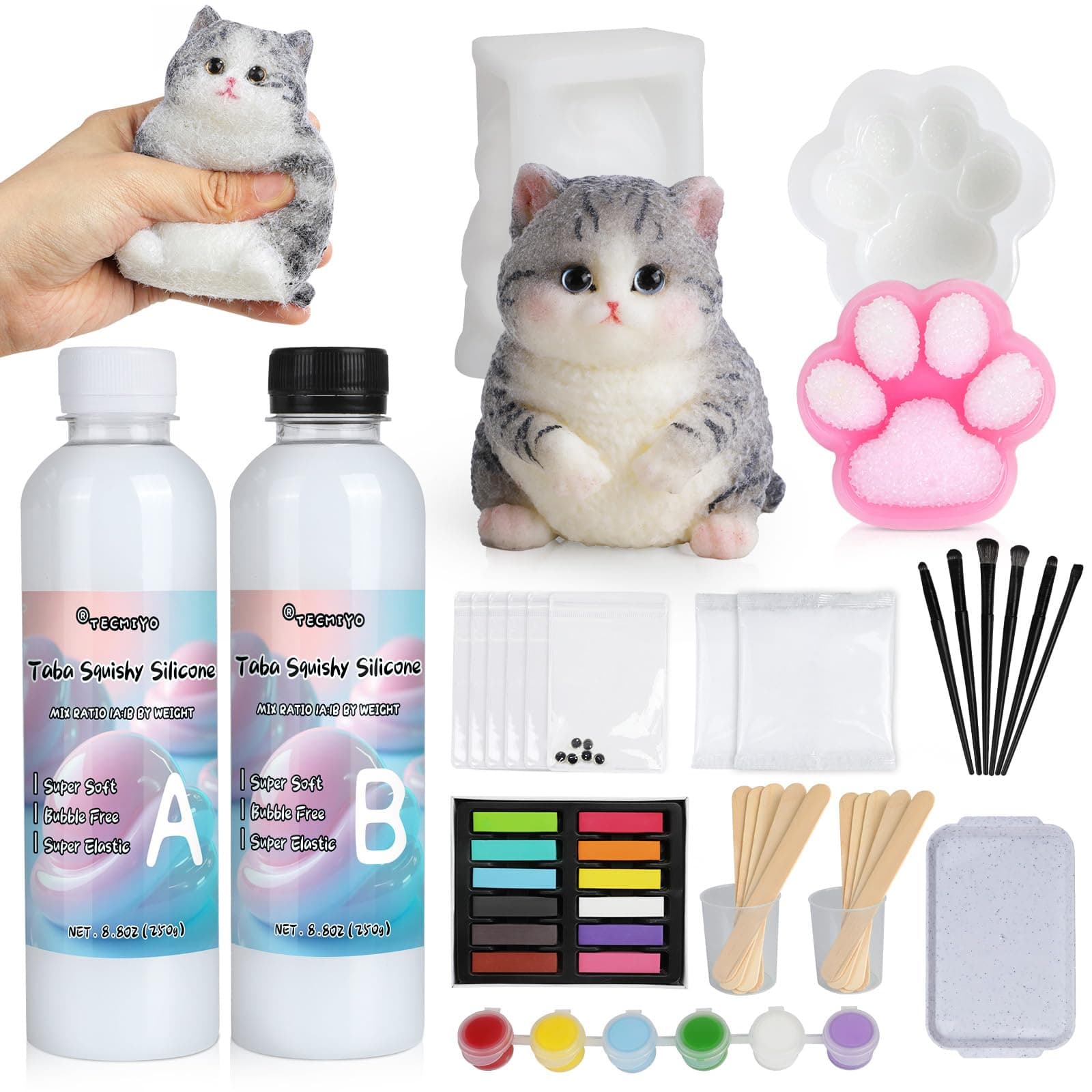 TECMIYO DIY Hand-Painted Squishy Making Kit β 18oz Liquid Silicone Gel for Taba Squishies with Chubby Cat and Cat Paw Molds