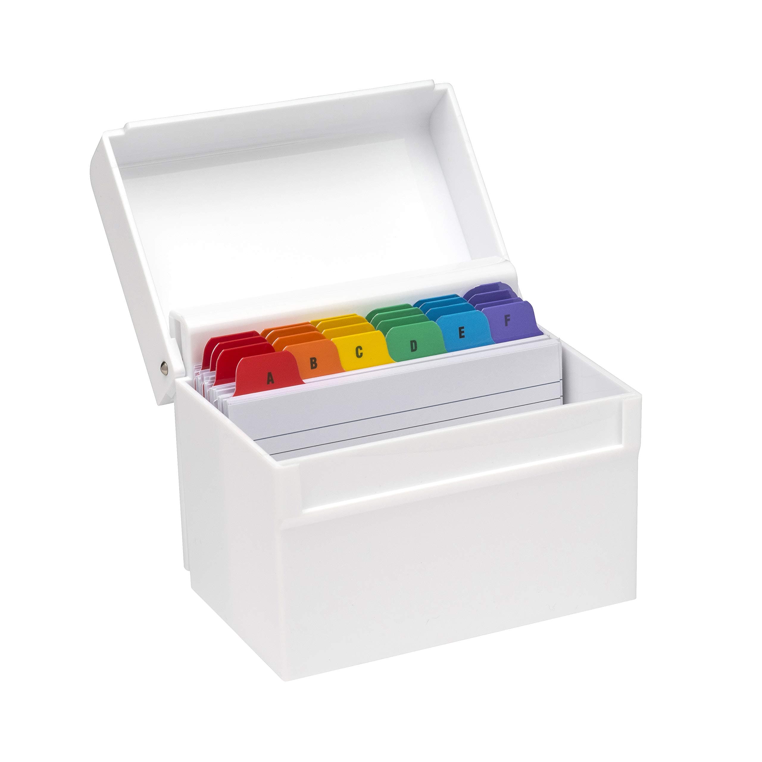 OSCO White Hi-Gloss Plastic Index Box | Small | A to Z Divider Tabs | 100 Lined Note Cards Included (5" X 3") | Ruled Revision Flash Cards | Recipe Notes | Contacts Filing | Fits Cards 127 x 76 mm