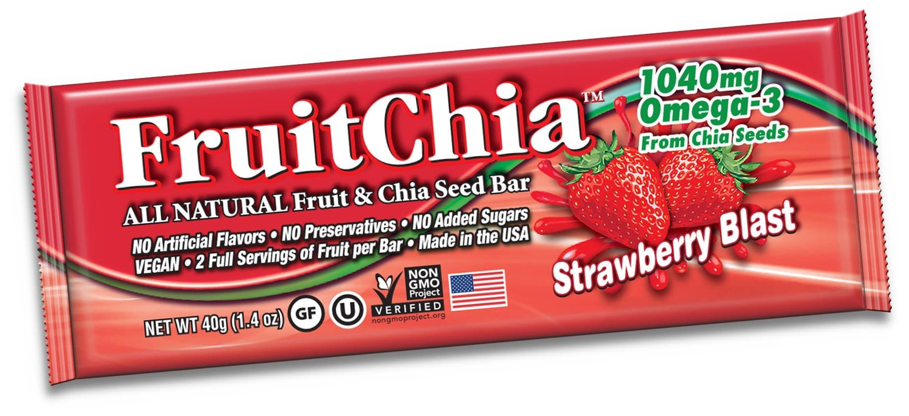 FruitChia Chia Bar - All Natural / Real Fruit & Chia Seed Bar With Omega-3 Healthy, Tasty & Certified Gluten-Free, Vegan, Non-GMO & Kosher ALL FRUIT GROWN and bar MADE IN THE USA, in our WA facilty! (Strawberry, 288-Pack Bars)
