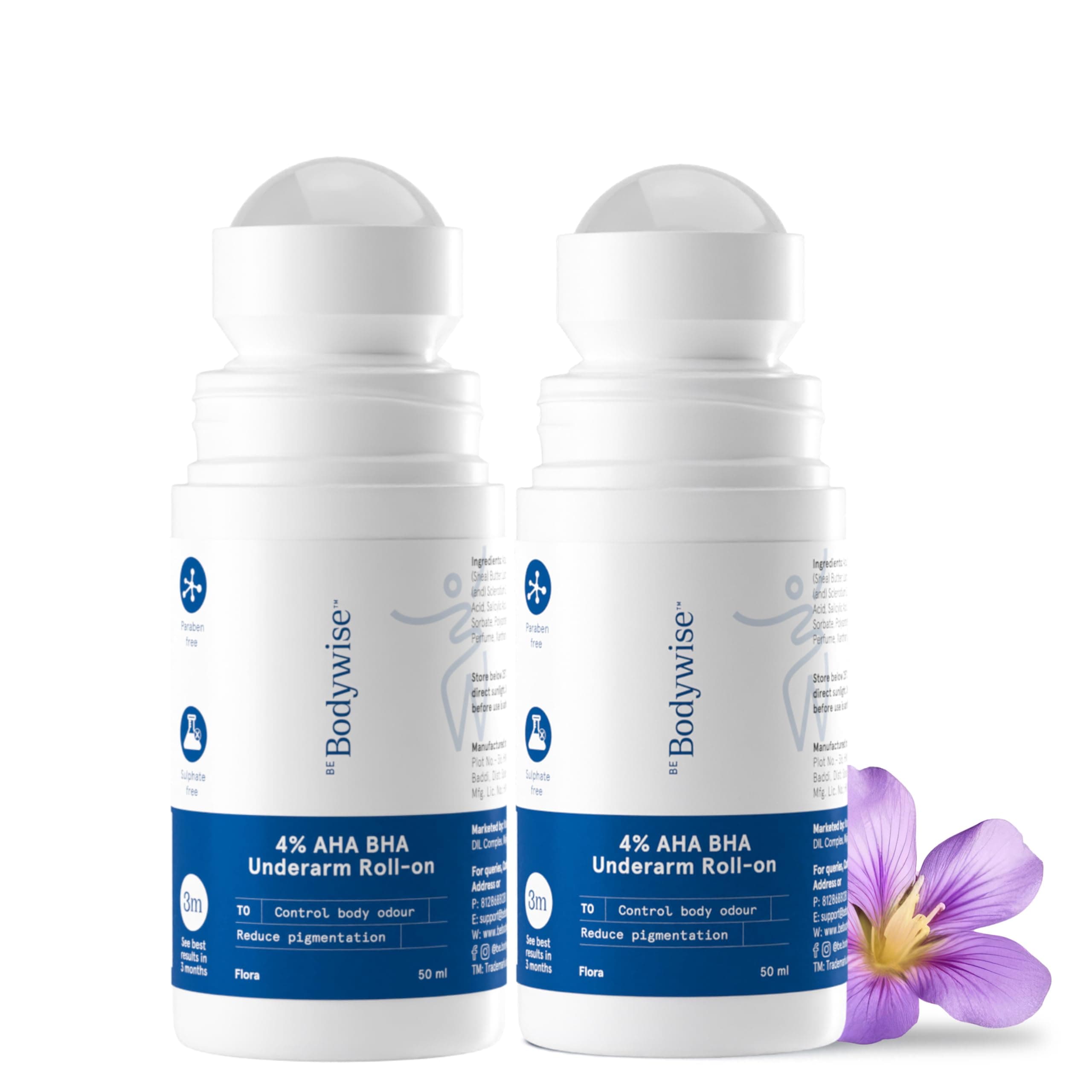 Be Bodywise Under Arm Roll On Pack Of 2, 1% W/W Salicylic, 1% Mandelic, 2% Lactic Acid, Reduces Under Arm Pigmentation & Combats Body Odor, Aluminum Free For Normal To Dry Skin, 100ml