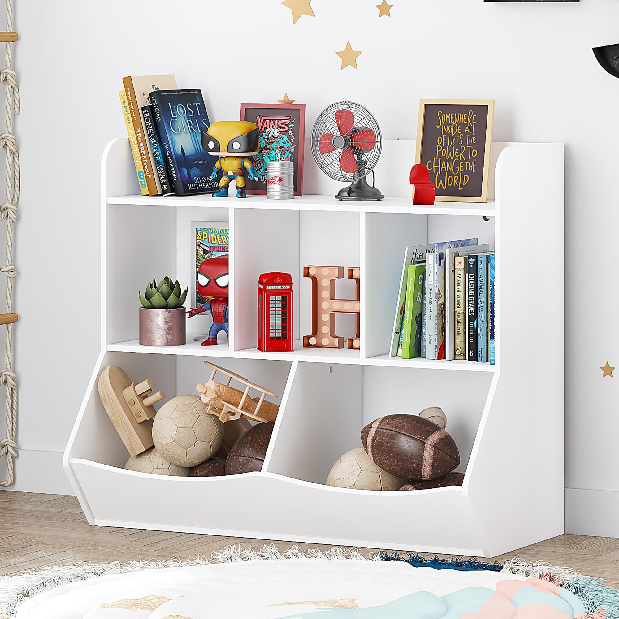Toy Storage Organizer with Bookcase, Kid’s Multi Shelf Cubby for Books,Toys, Storage Organizer for Boys,Girls Play Room/Bedroom-White