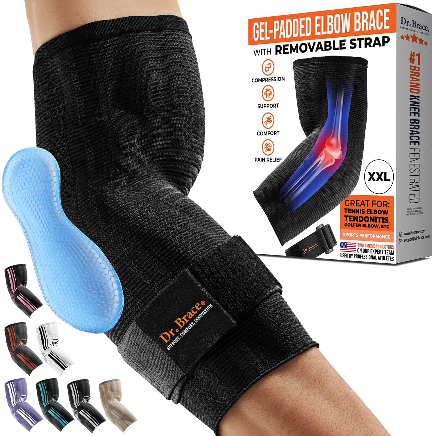 DR. BRACE® Elite Elbow Brace Support, Breathable Elbow Compression Sleeve with Gel Pad for Golfer's, Tennis Elbow & Tendonitis Treatment & Pain Relief 2024 (Black, XX-Large)
