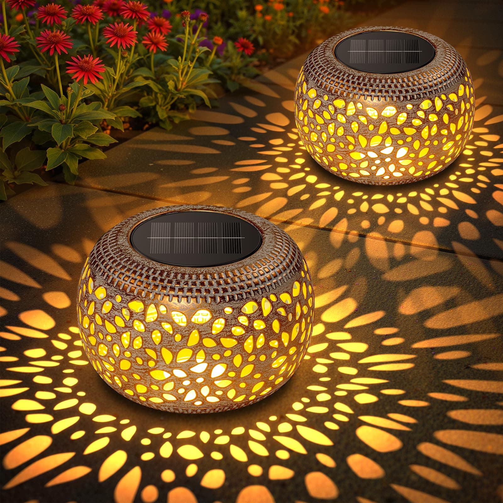 Solar Table Lanterns Outdoor Waterproof: 2 Pack LED Lamps for Patio - White Hollow-Out Metal Retro Solar Light Decor Gift for Women Mom Mothers Day Yard Garden Balcony Indoor Desk Tabletop Decorations