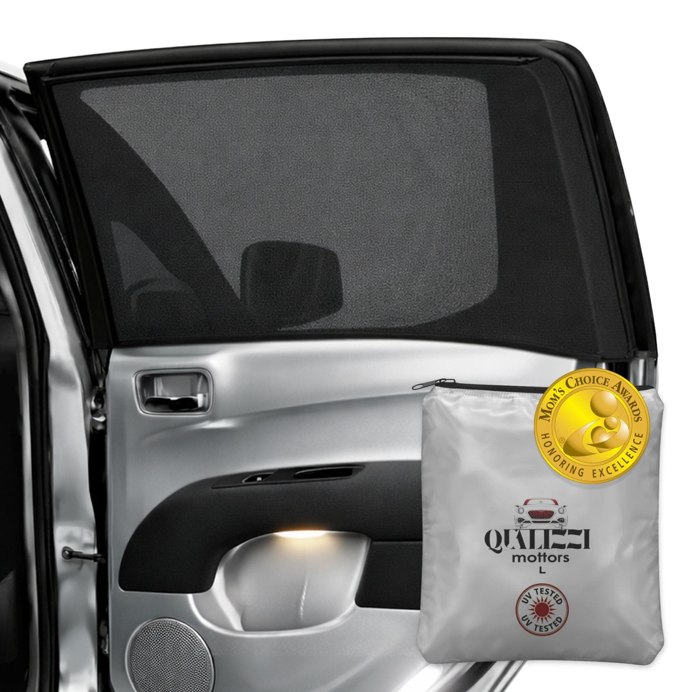 L/Car Window Shades for Baby (2 Pack) for Side Windows, Breathable Full-Coverage Mesh, Privacy, Sun & Heat Protection, Bug Screen, Car Camping, 97% UV Real Protection Tested – Qualizzi®