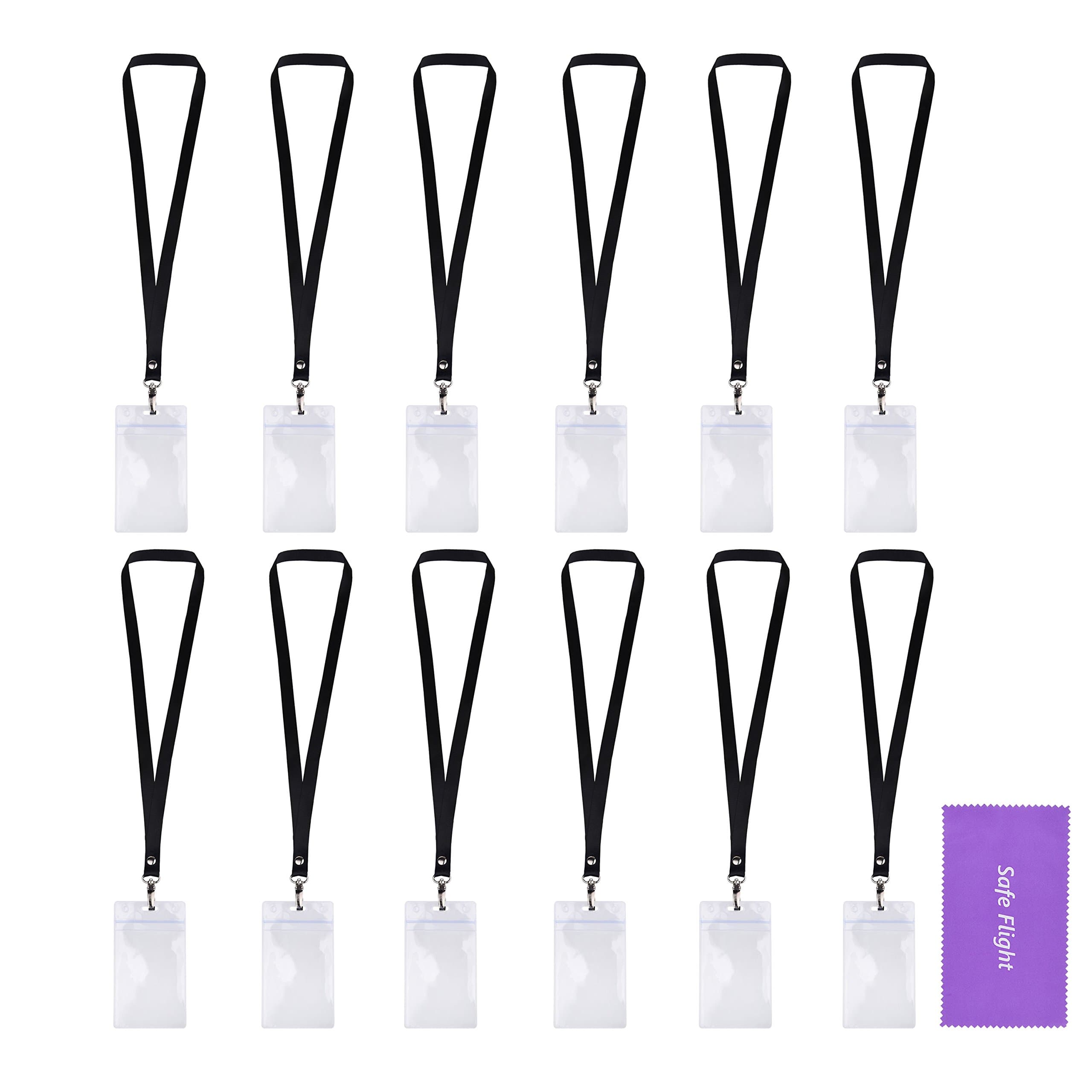 12 Pack (Dozen) Lanyards with Oval Hook and Transparent Badge Holders - Both Sides of The Badge can be Used for Identification. with SafeFlight Cleaning Cloth and Retail Pack