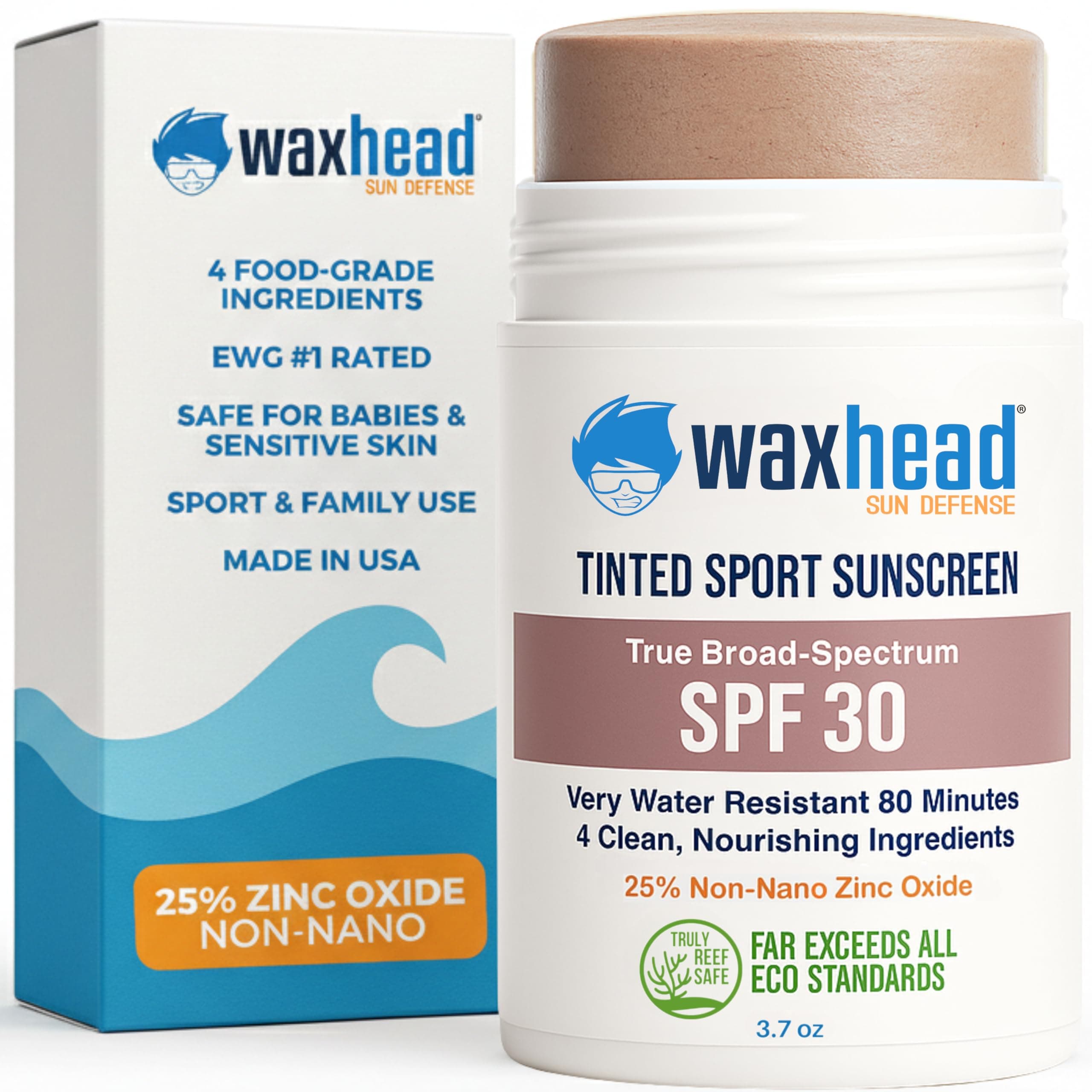 Tinted Zinc Oxide Sport Sunscreen Stick SPF 30, 3.7oz by Waxhead - 25% Non-Nano Zinc Oxide, 4 Food-Grade Ingredients, Sweat & Water Performance, Reef-Safe Mineral Face Stick for Kids & Sensitive Skin