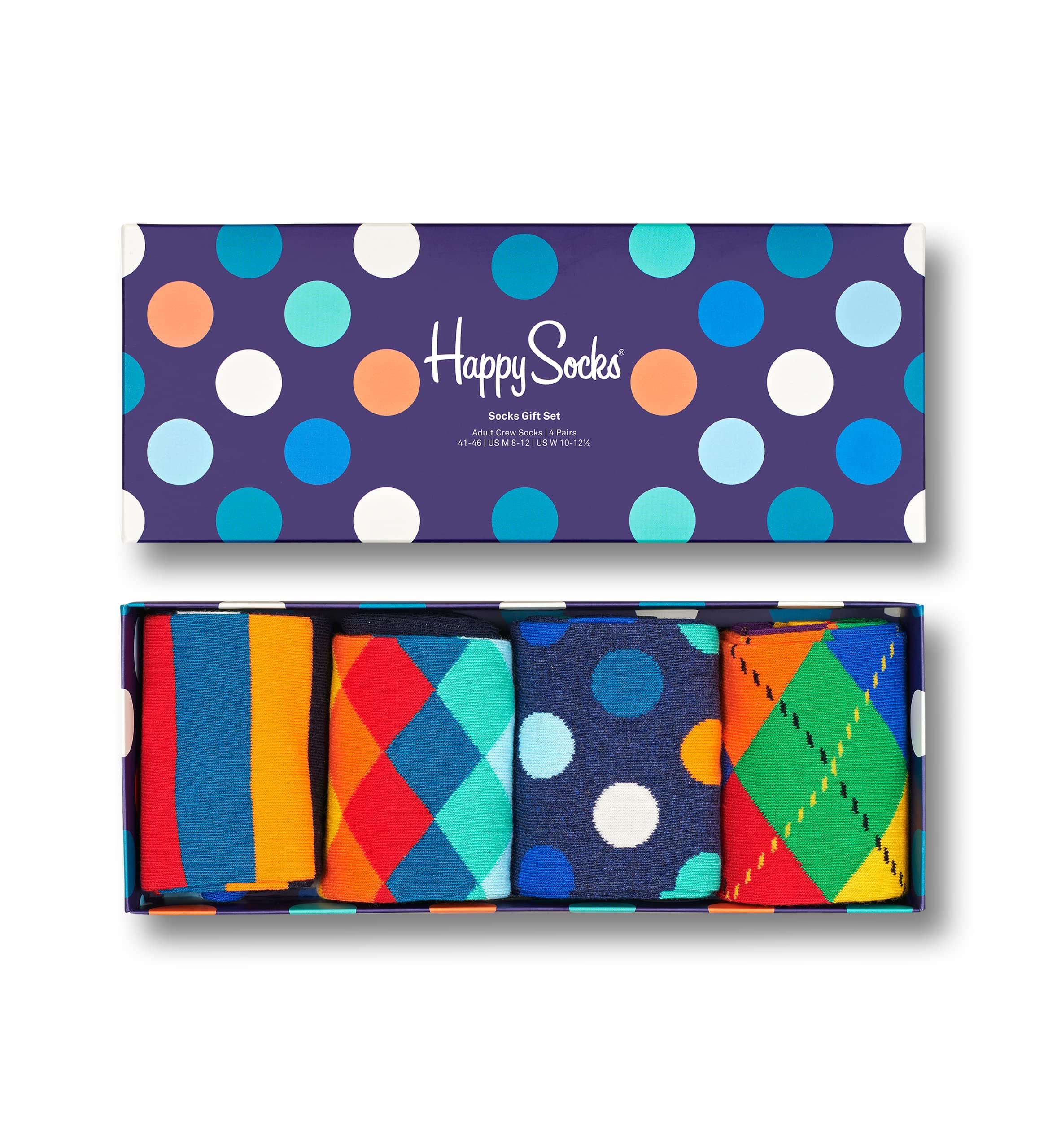 Happy Socks4-Pack Multi-Color Gift Set, colorful and fun, Socks for Men and Women, Navy-White-Blue-Turquoise-Orange (9-11)