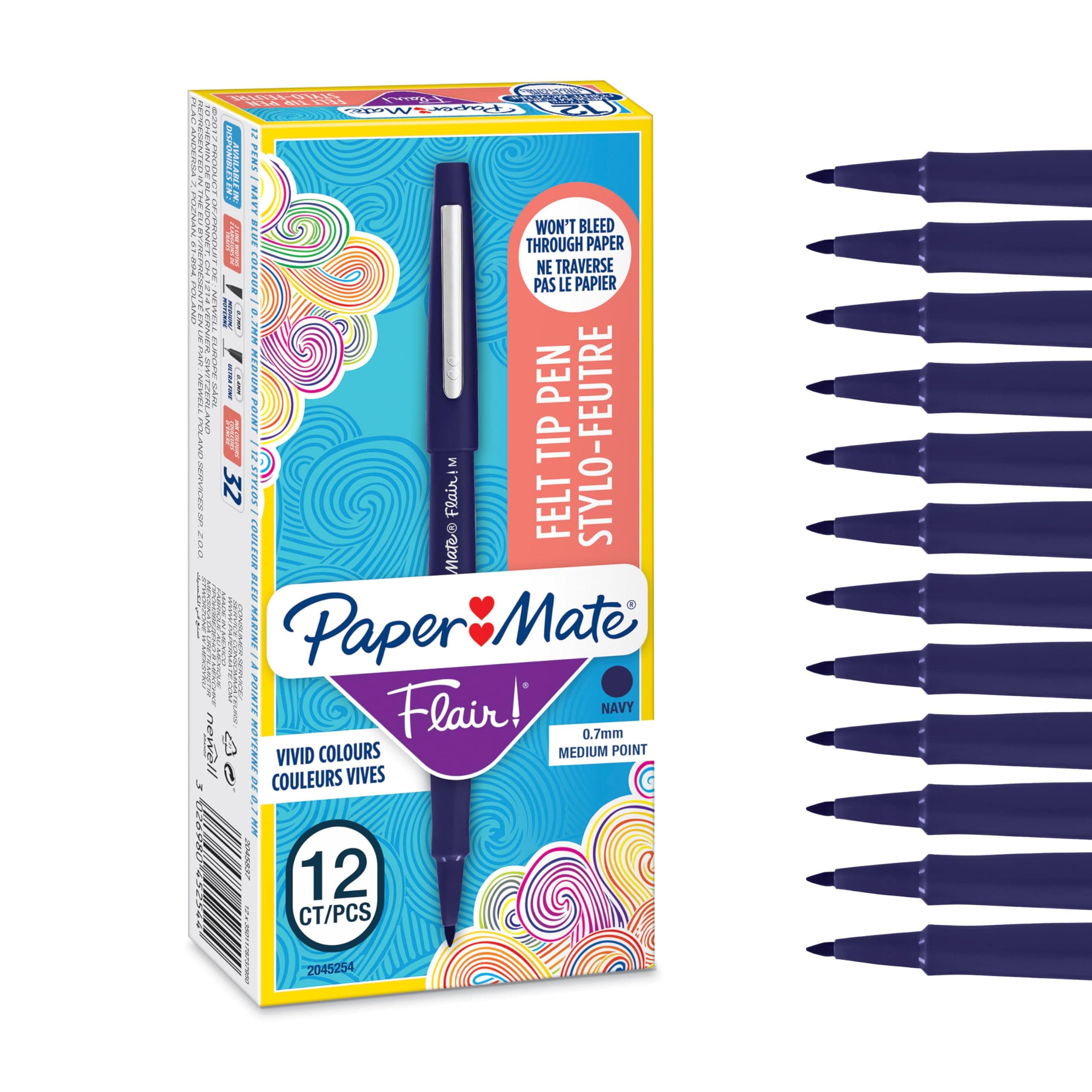 Flair Felt Tip Pens | Medium Point (0.7mm) | Navy Blue | 12 Count